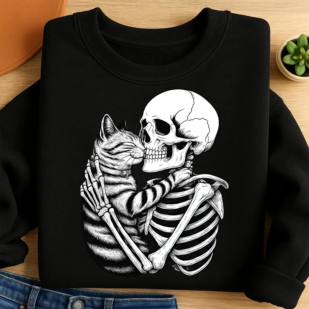 Bügelbild Skelett umarmt Katze