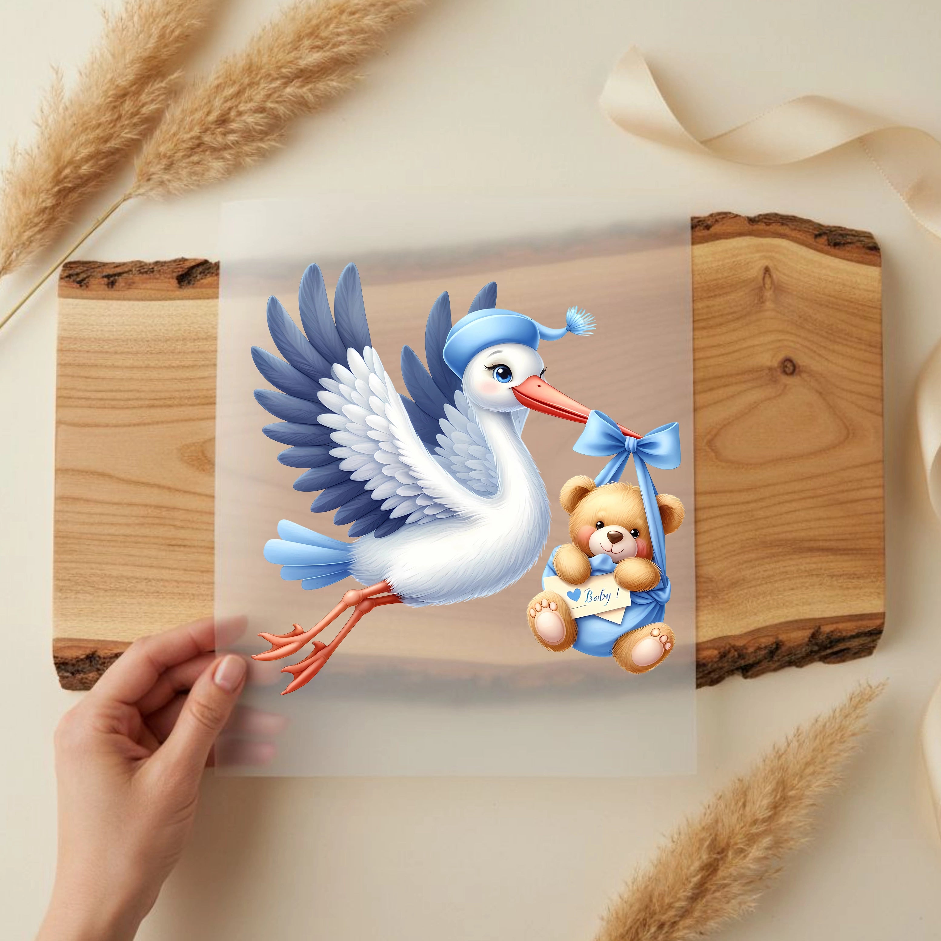 Bügelbild Storch Babyglück Junge