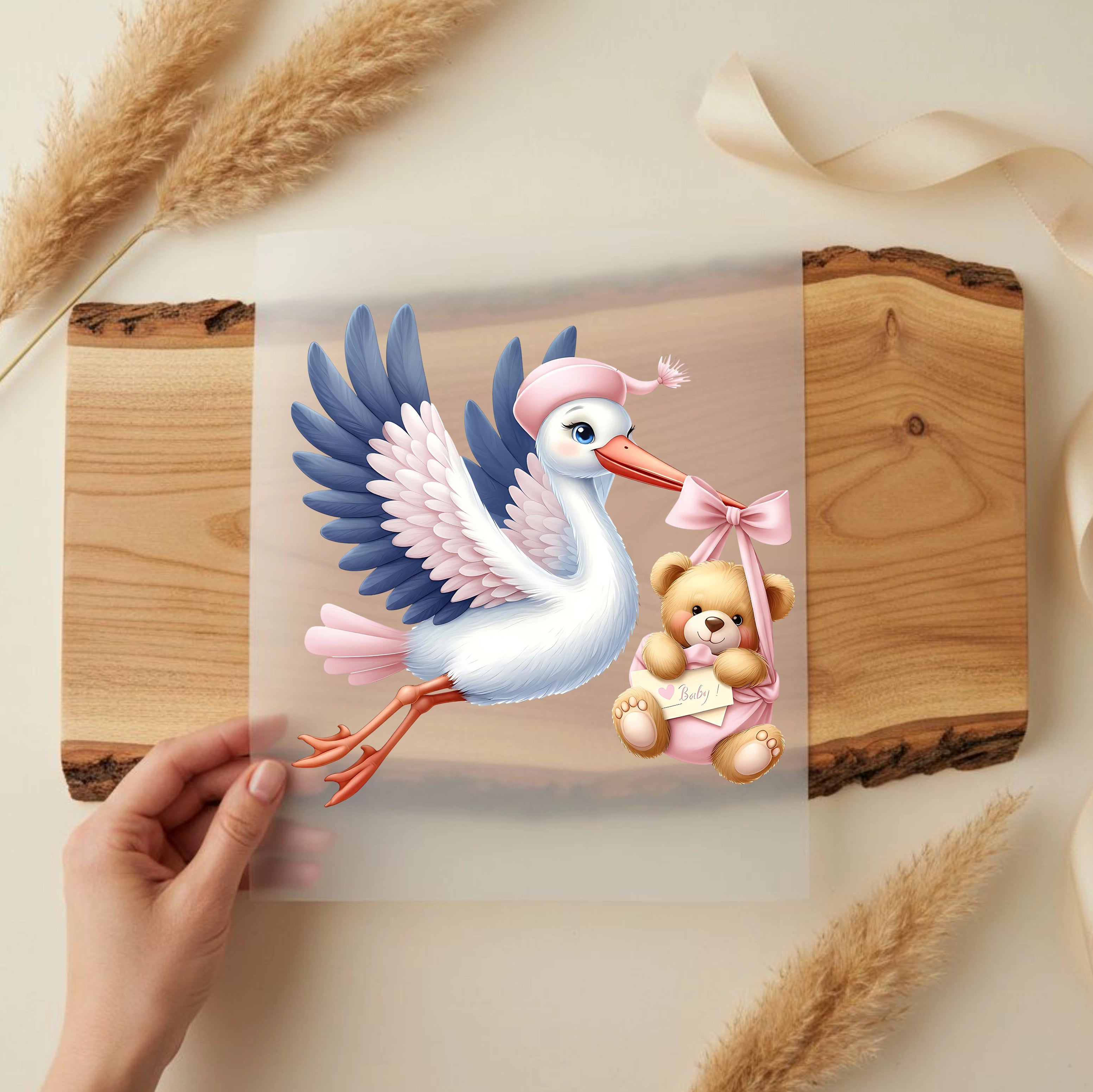 Bügelbild Storch Babyglück Mädchen