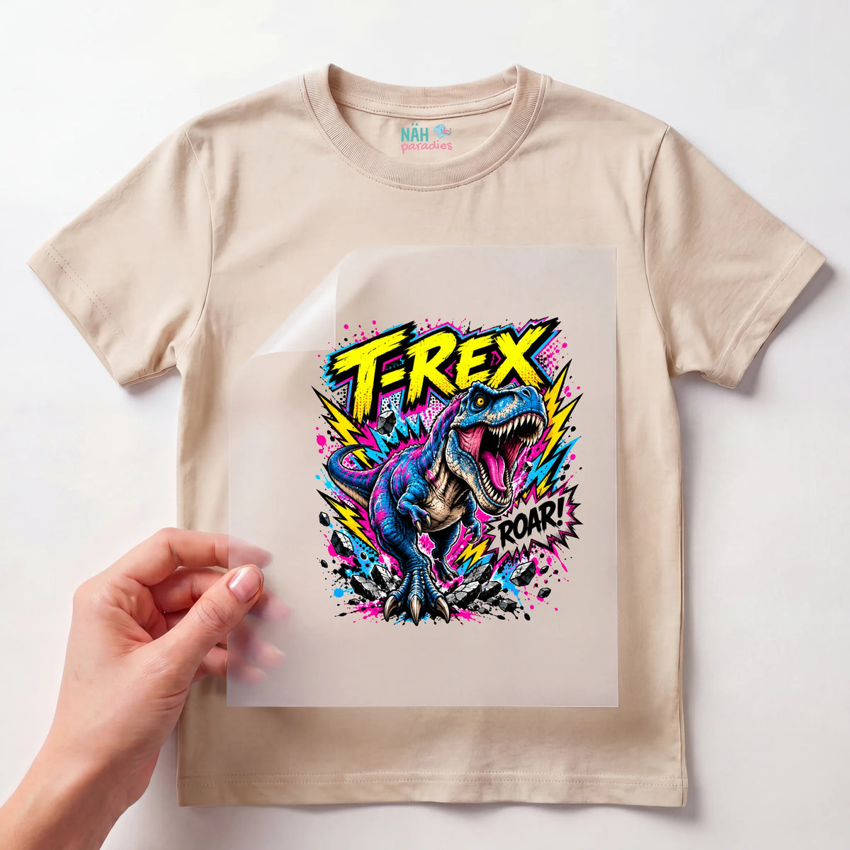 Bügelbild T-Rex Roar Neon Comic