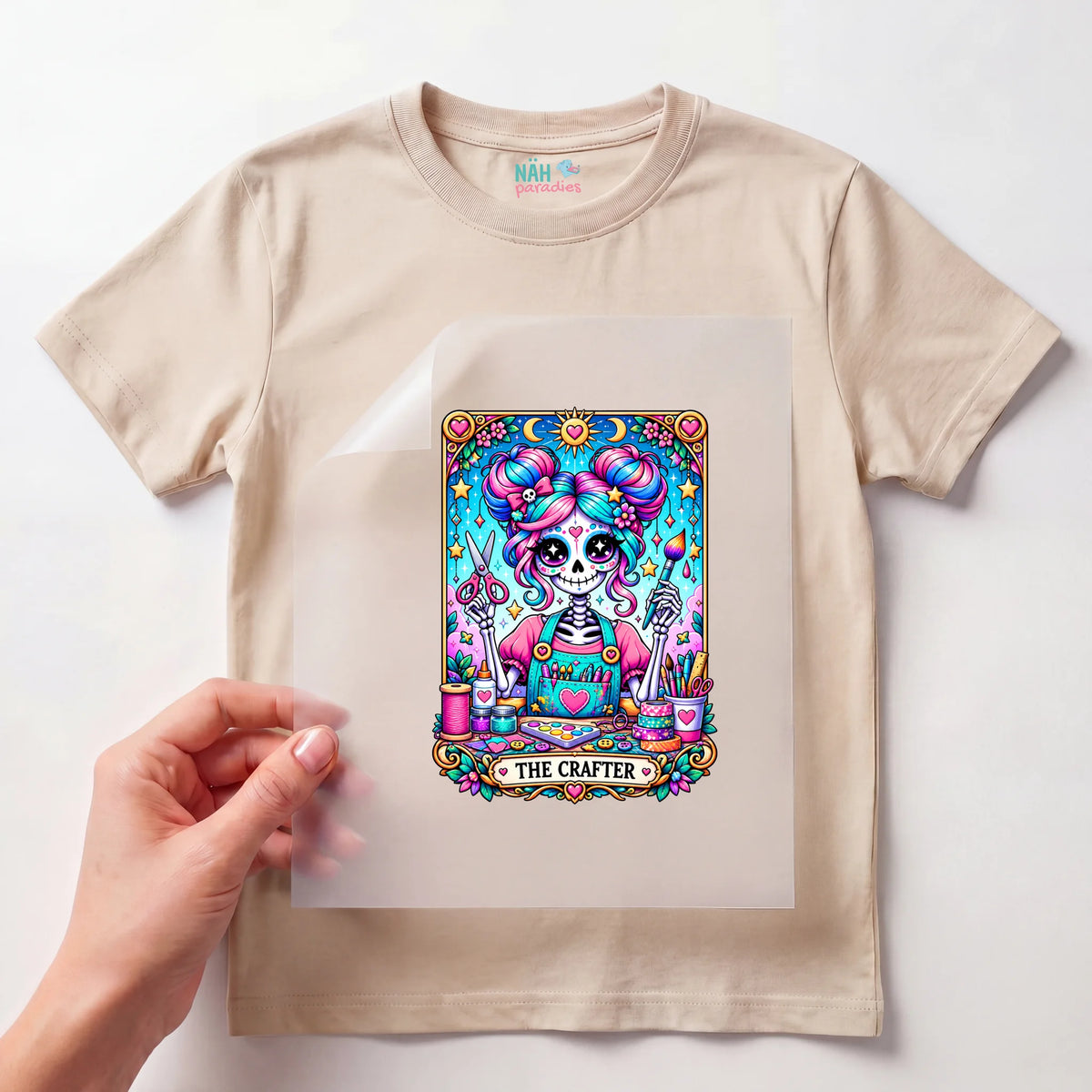Bügelbild Tarotkarte The Crafter Skelett Bunt