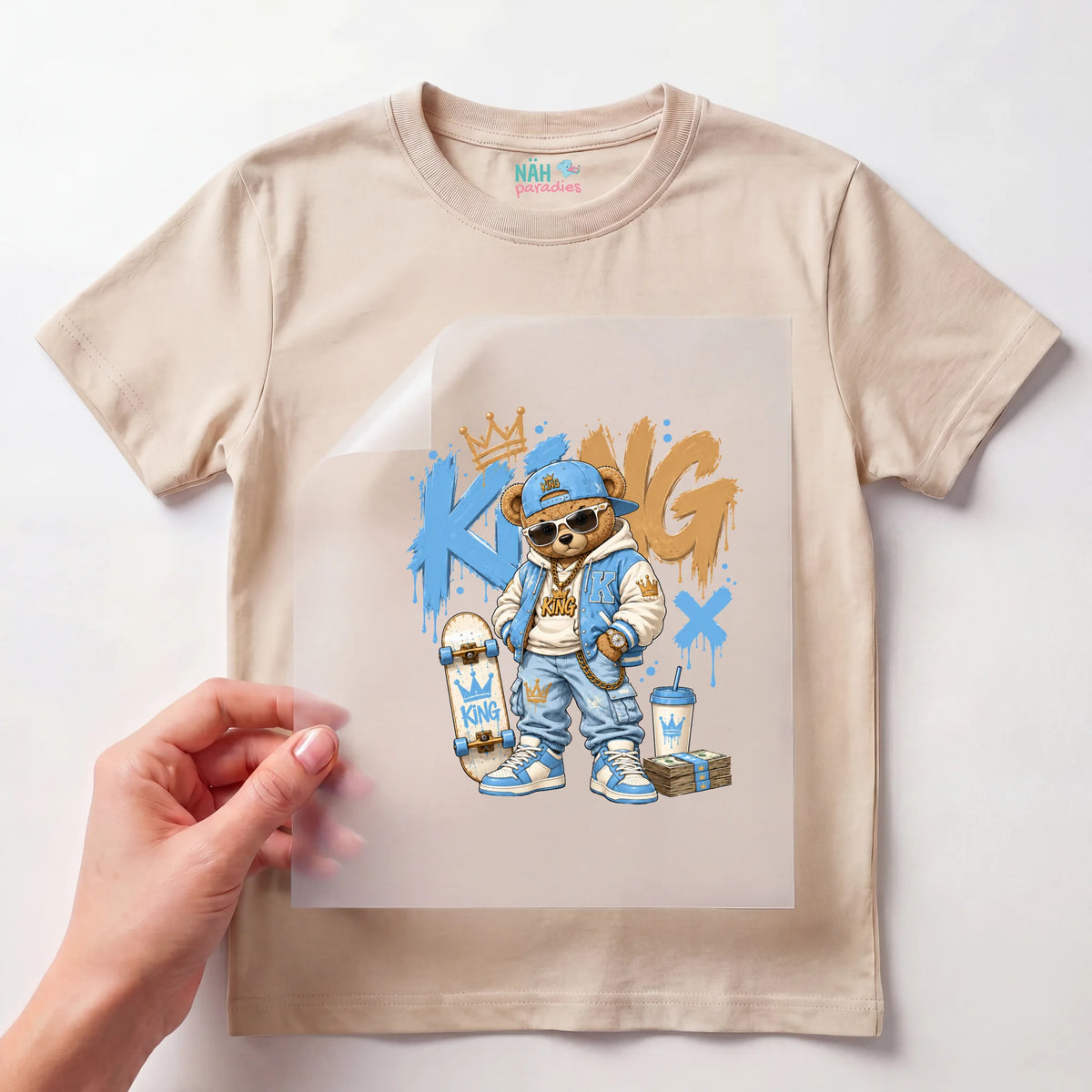 Bügelbild Teddybär King Streetwear Blau