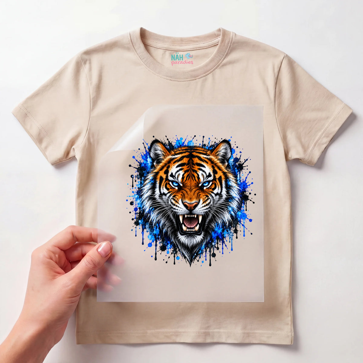 Bügelbild Tiger Brüllend Blau Splash
