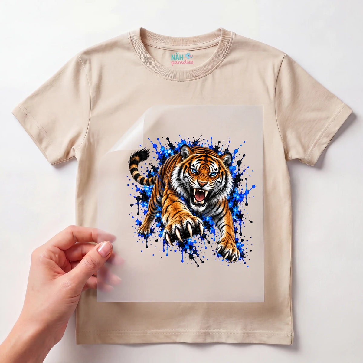 Bügelbild Tiger Springend Blau Splash