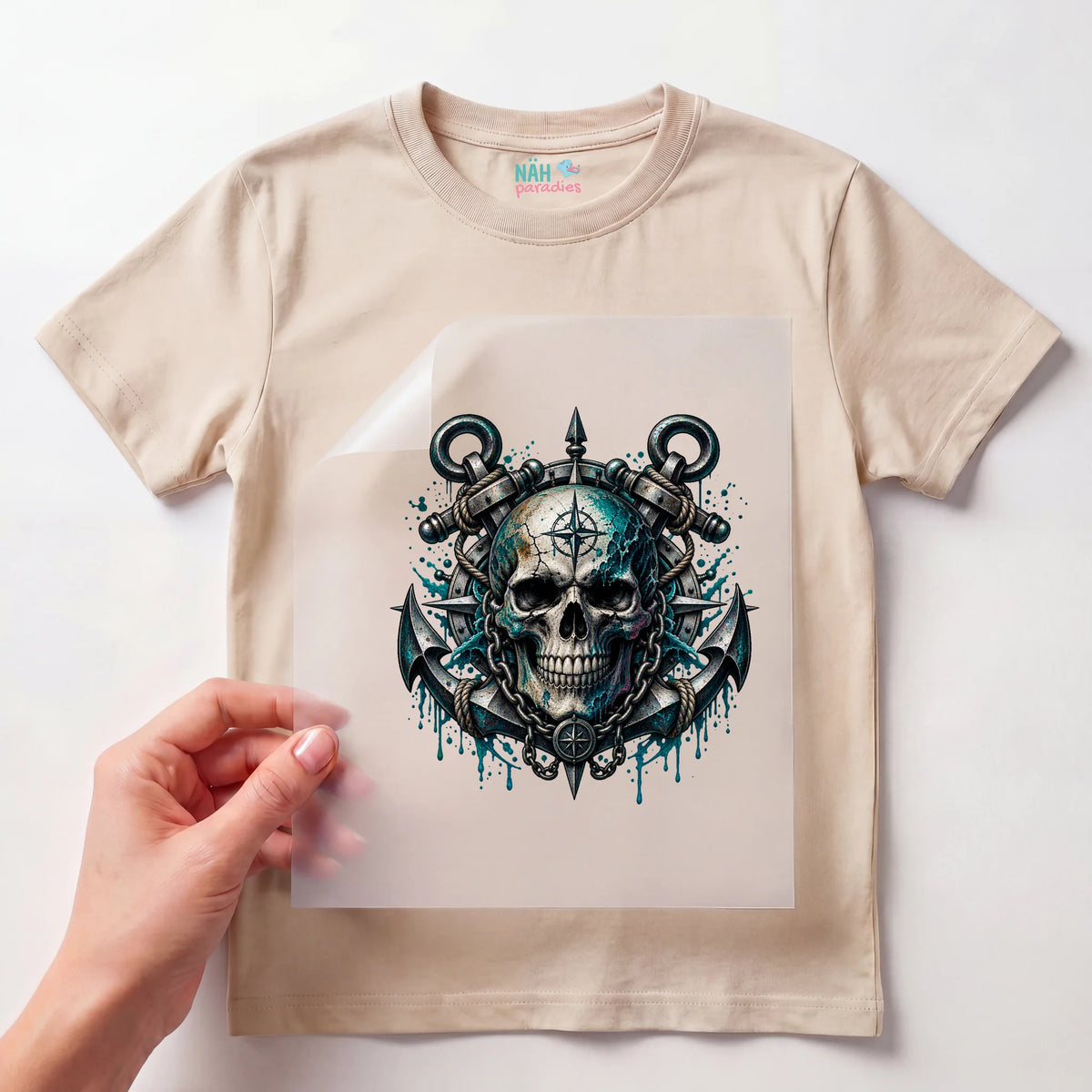 Bügelbild Totenkopf mit Anker Nautisch