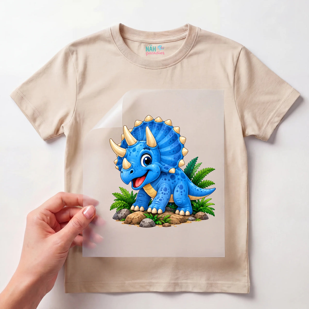 Bügelbild Triceratops Baby Blau