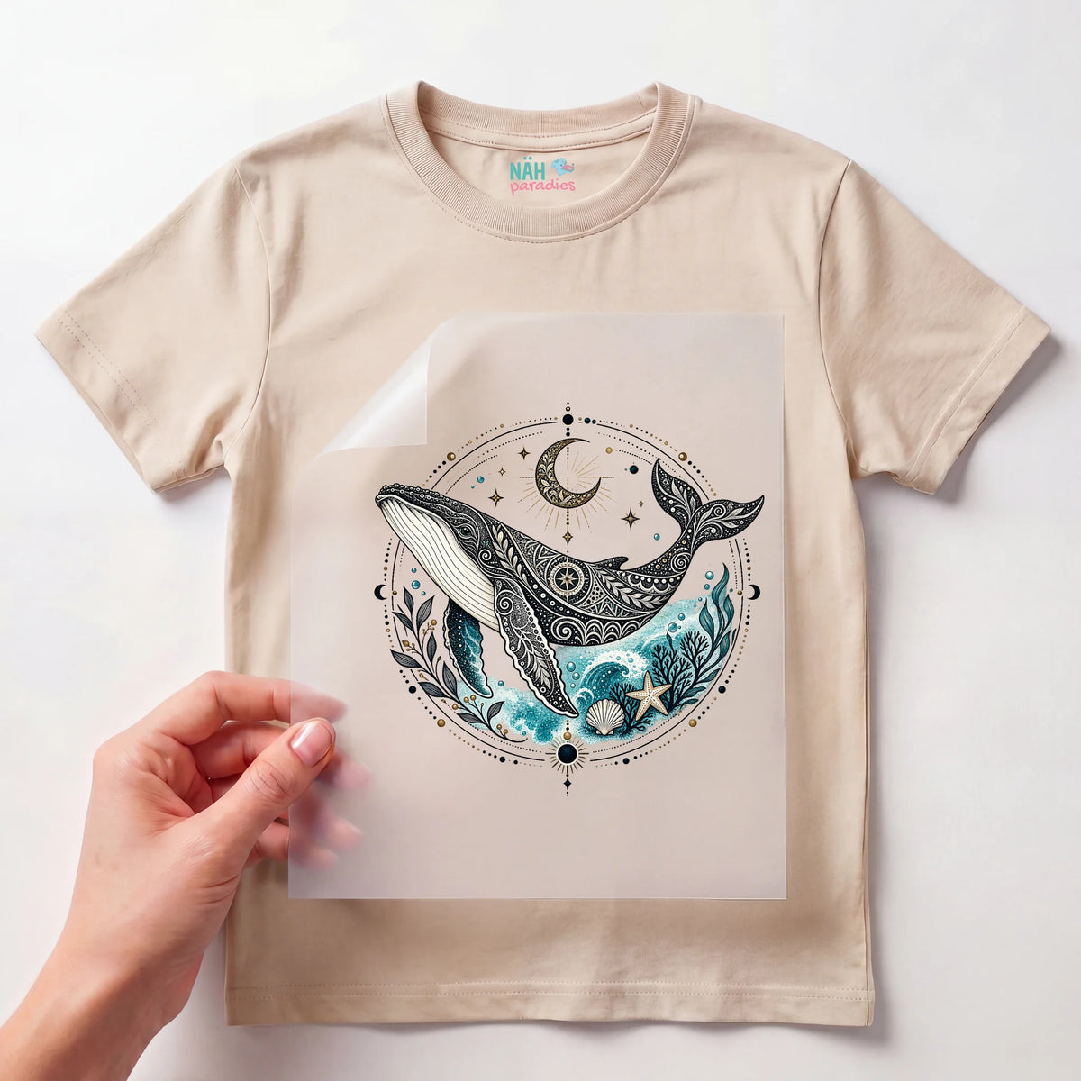Bügelbild Wal mit Mond und Sternen Boho