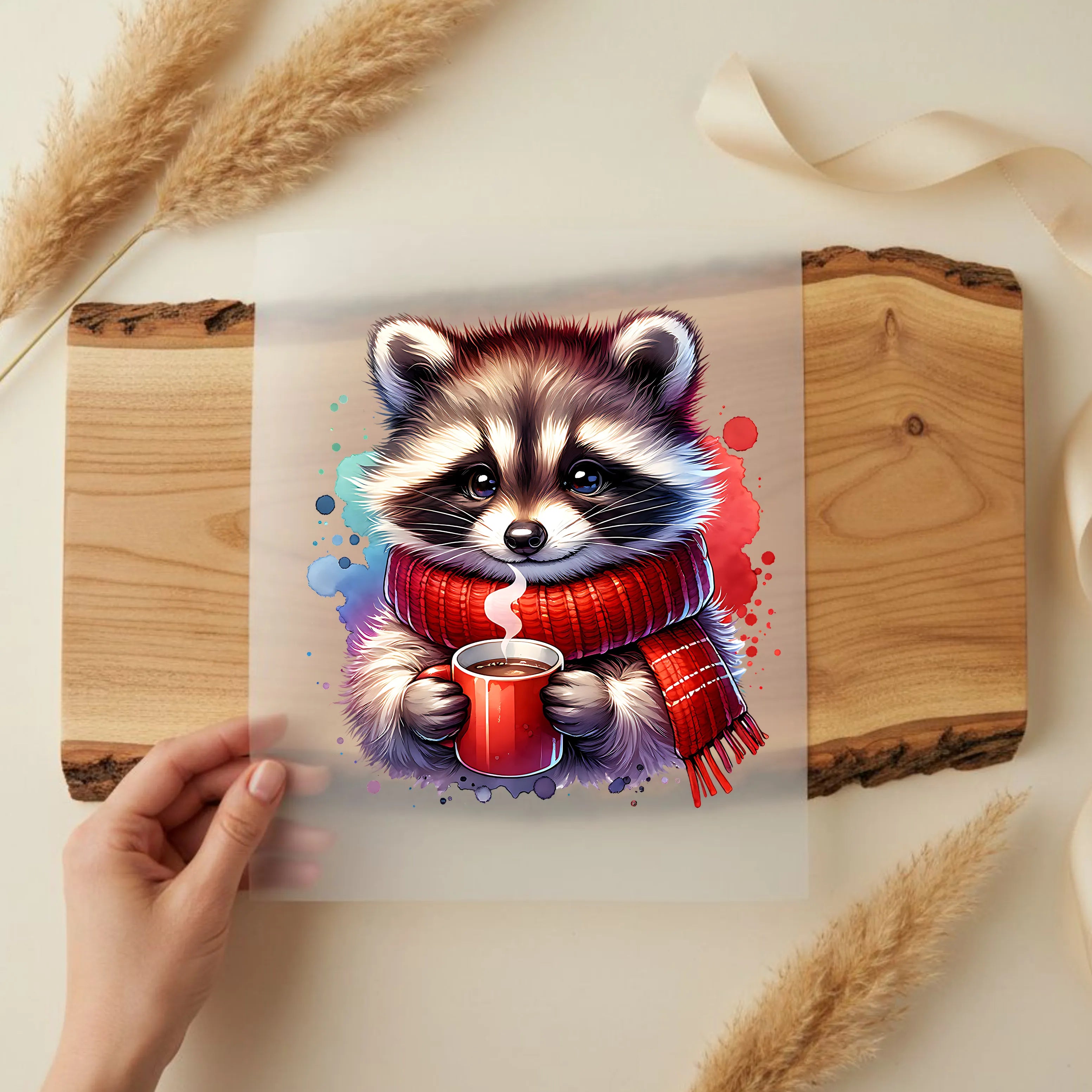 Bügelbild Waschbär Kakao Winterkuschel