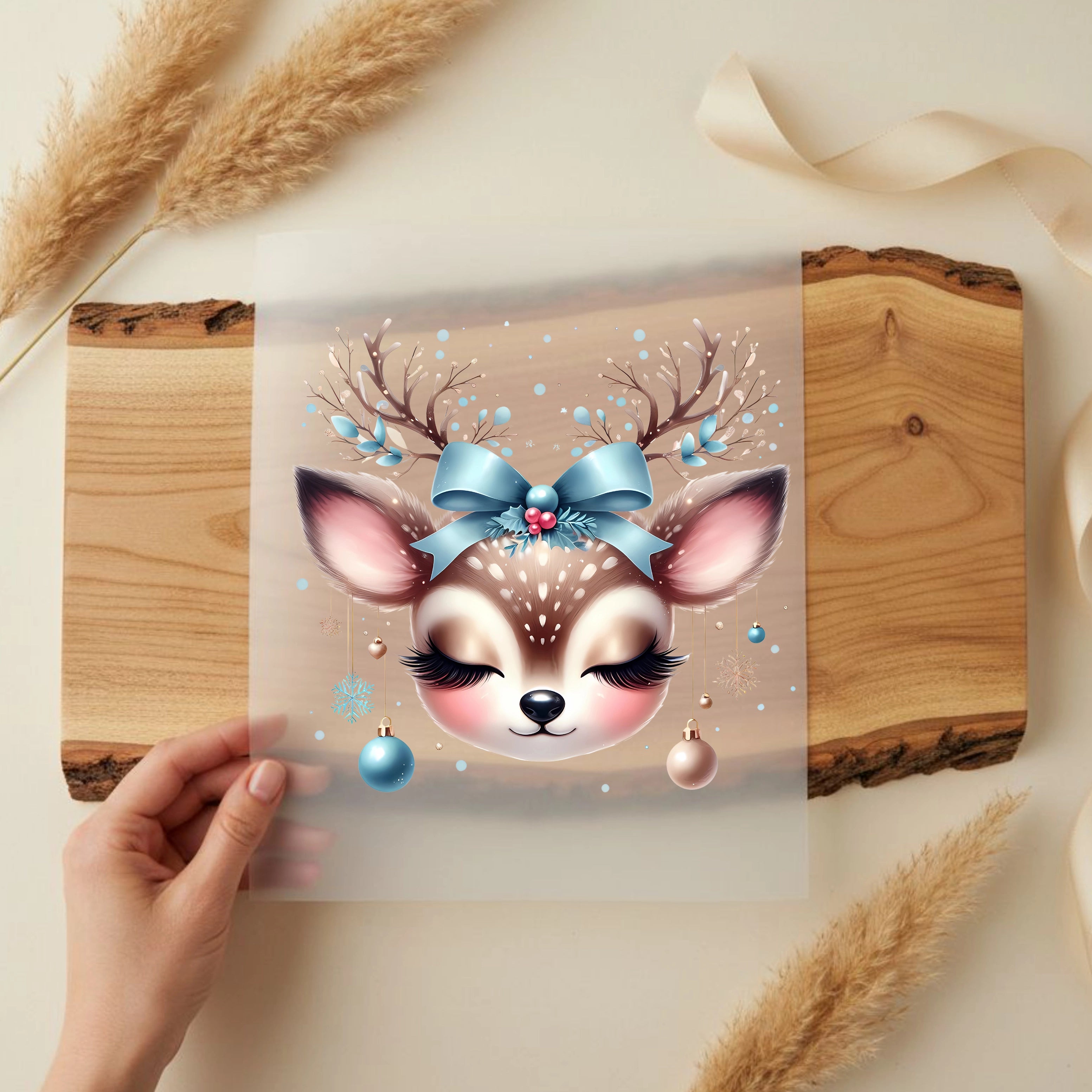 Bügelbild Weihnachts Reh Blauer Winterzauber