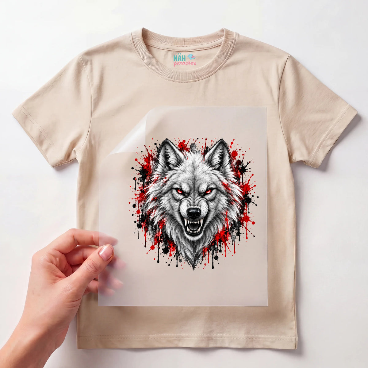 Bügelbild Wolf Grau Rot Splash