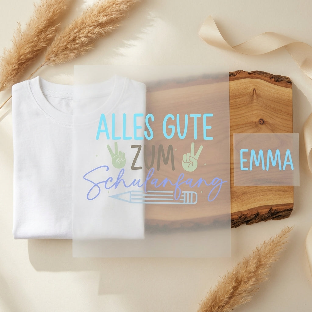 Einschulungs-Set mit Namen – „Alles Gute zum Schulanfang" | Shirt + Bügelbild personalisierbar