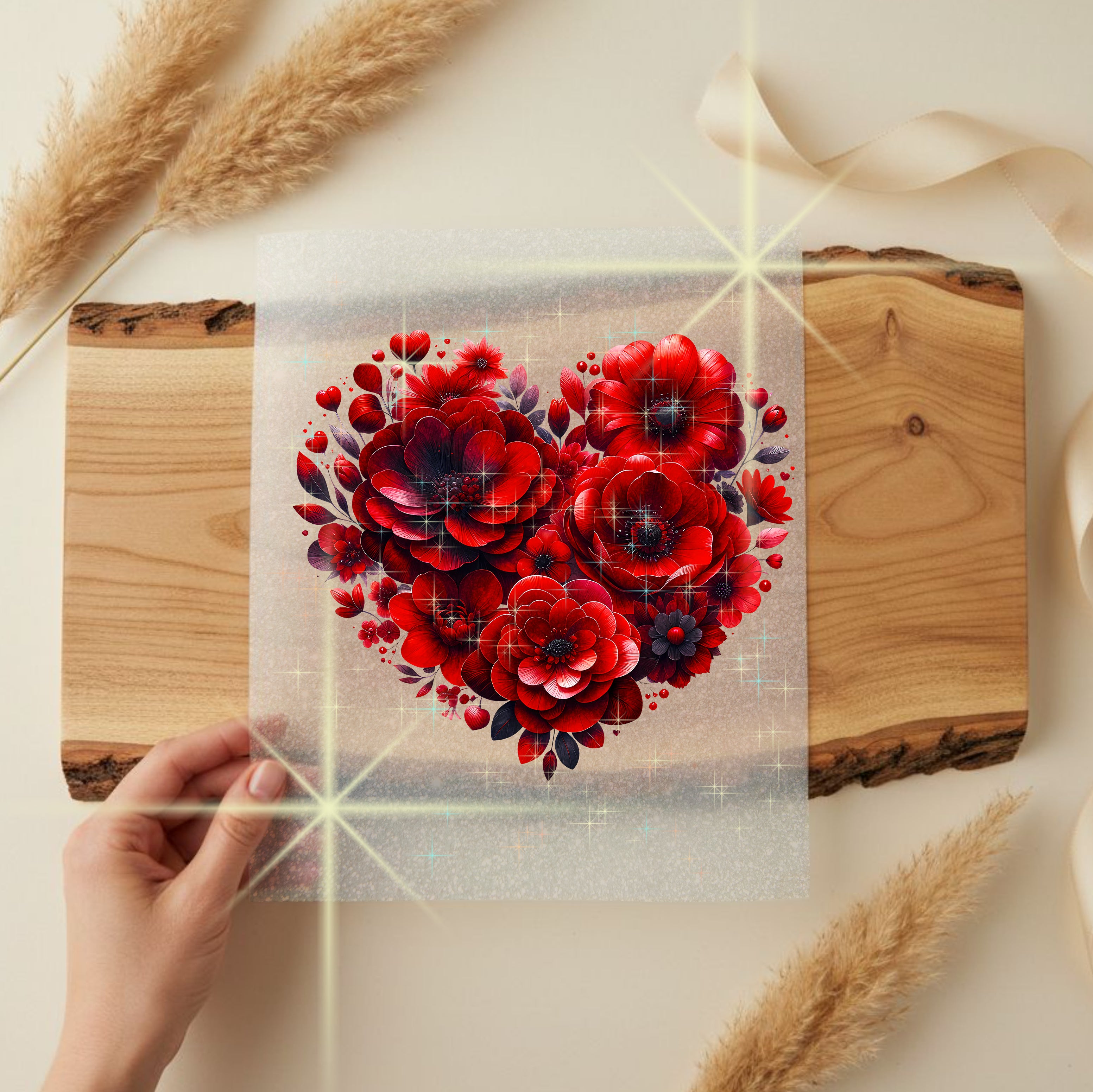 Glitzer Bügelbild Blütenherz Roter Blühtentraum