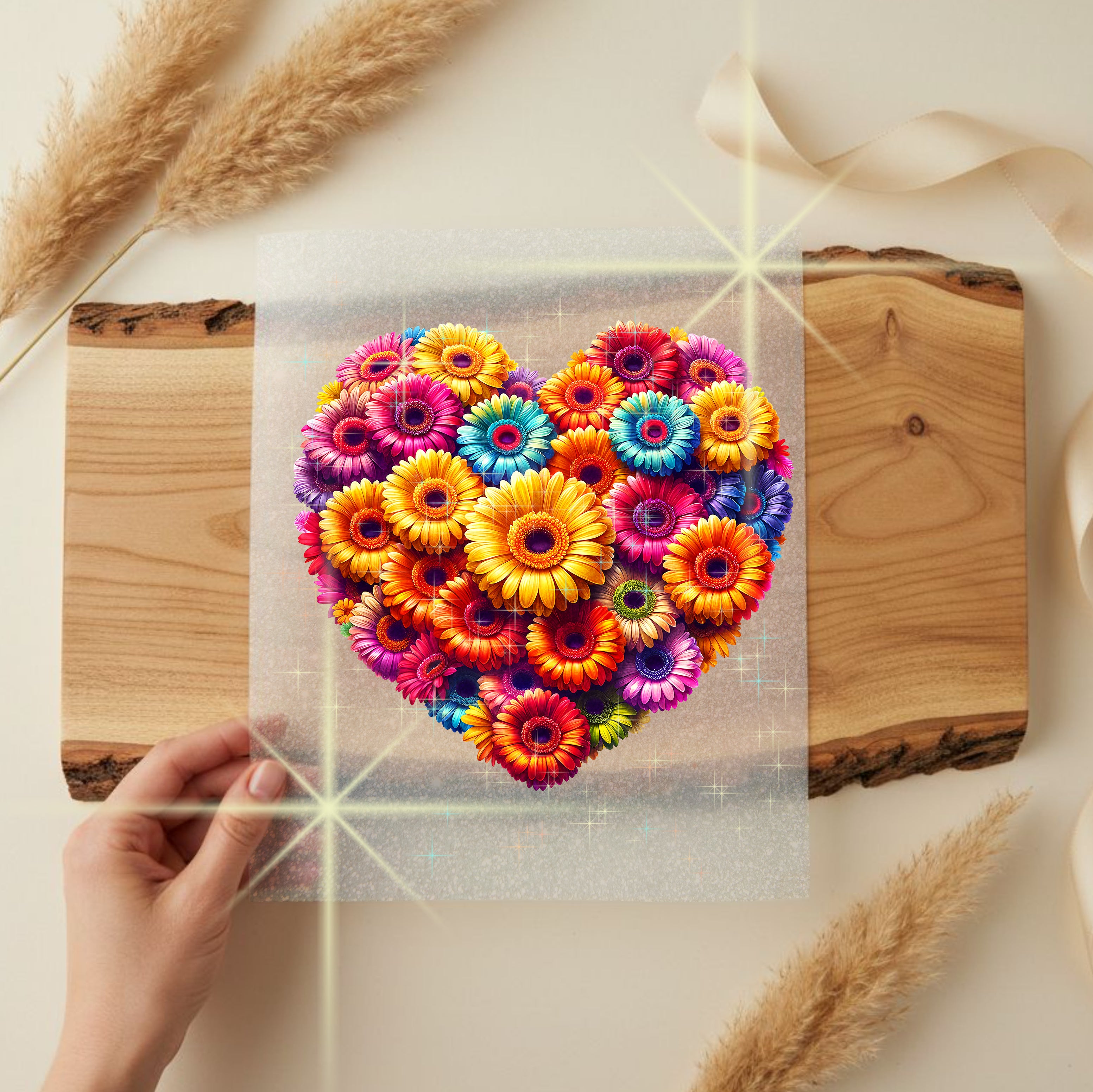 Glitzer Bügelbild Blumenherz Farbenspiel