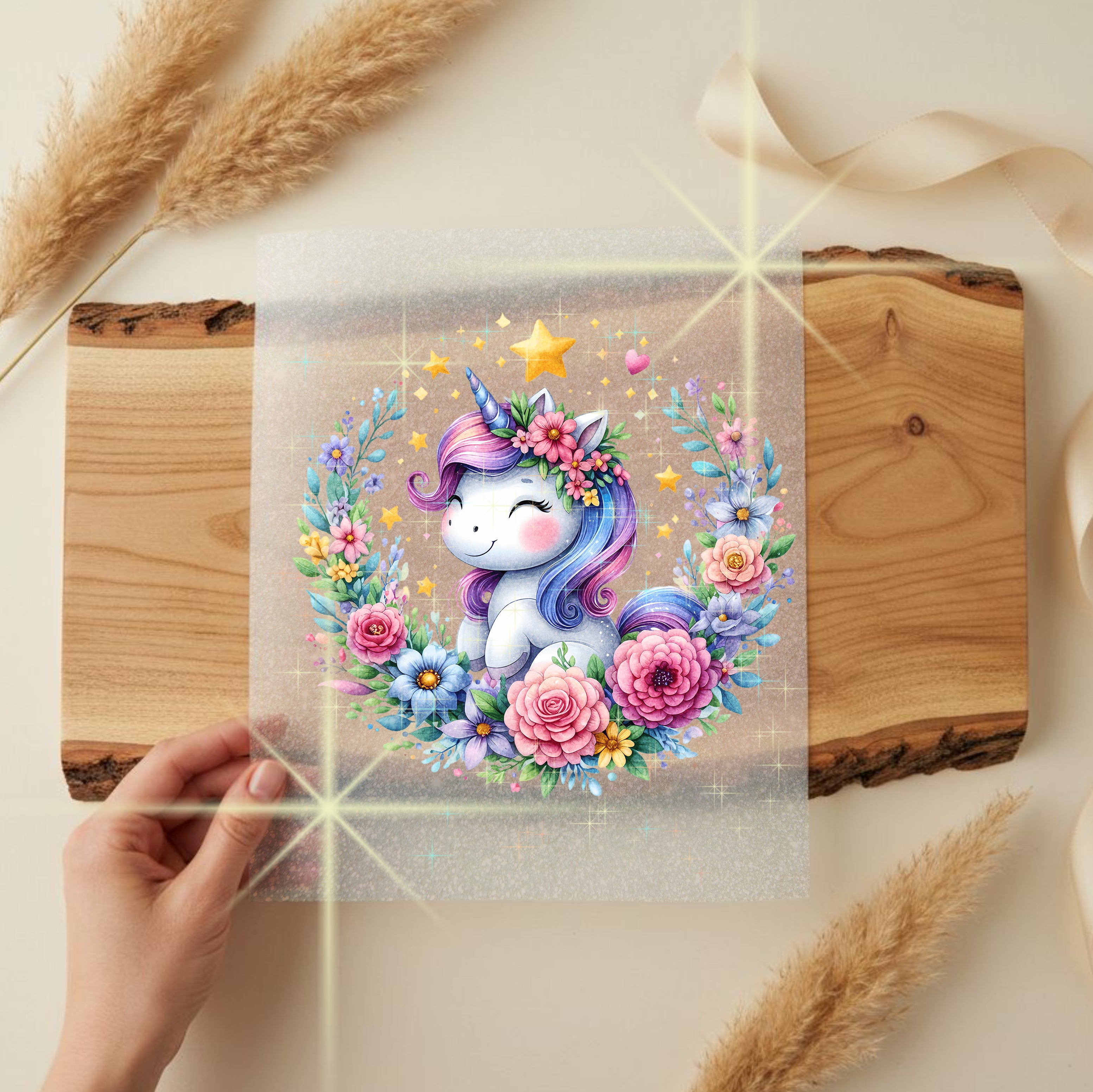 Glitzer Bügelbild Einhorn Blumenkranz