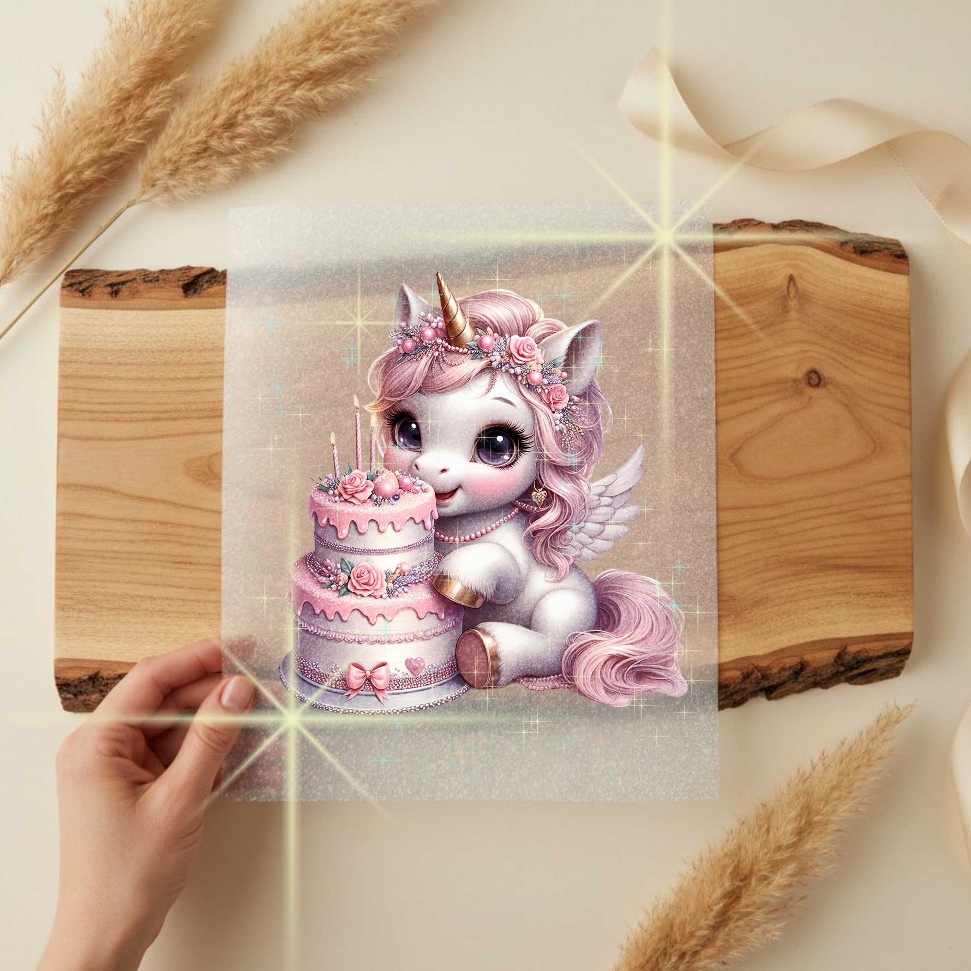 Glitzer Bügelbild Geburtstags Einhorn Törtchen