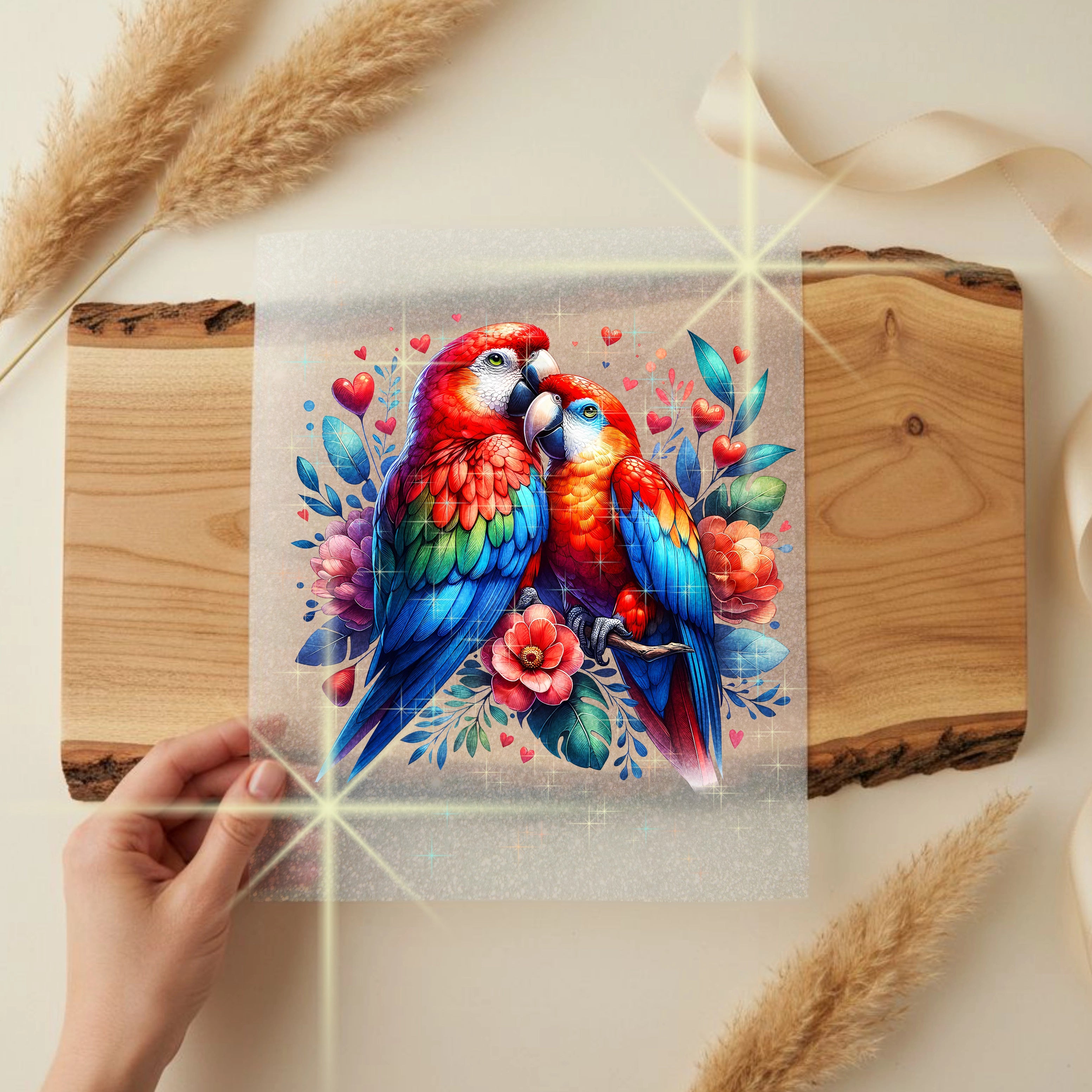 Glitzer Bügelbild Verliebte Papageien