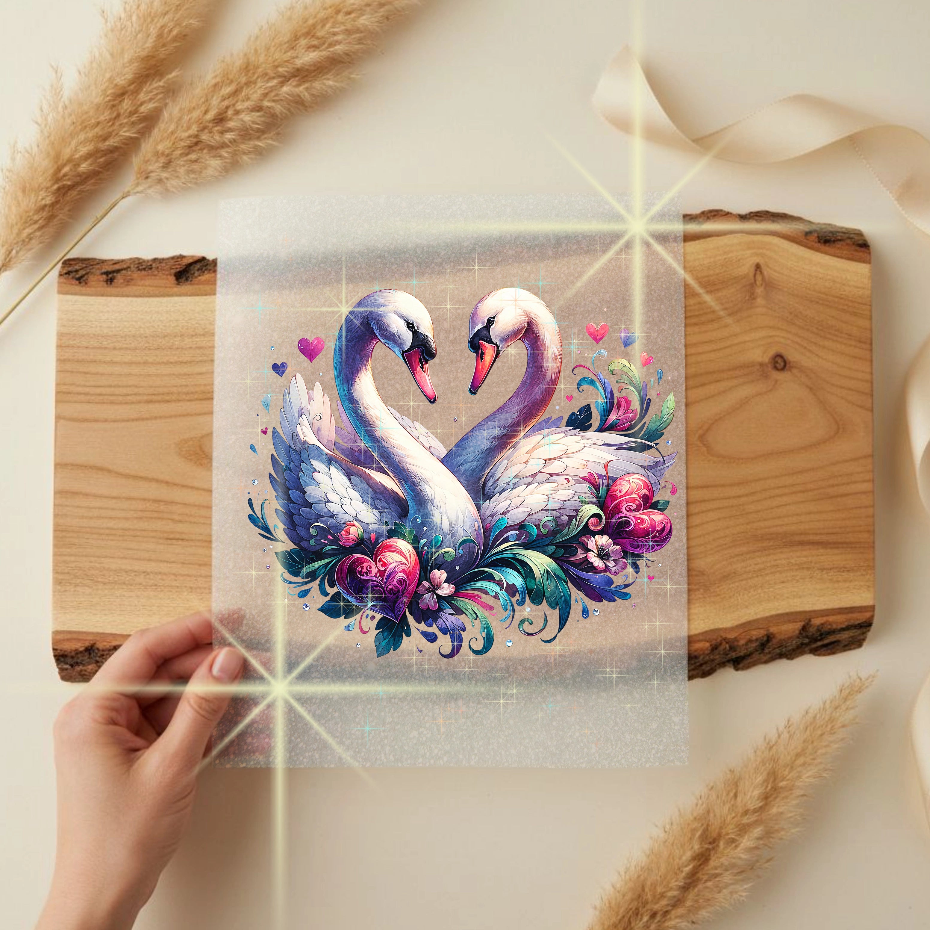 Glitzer Bügelbild Romantische Schwäne