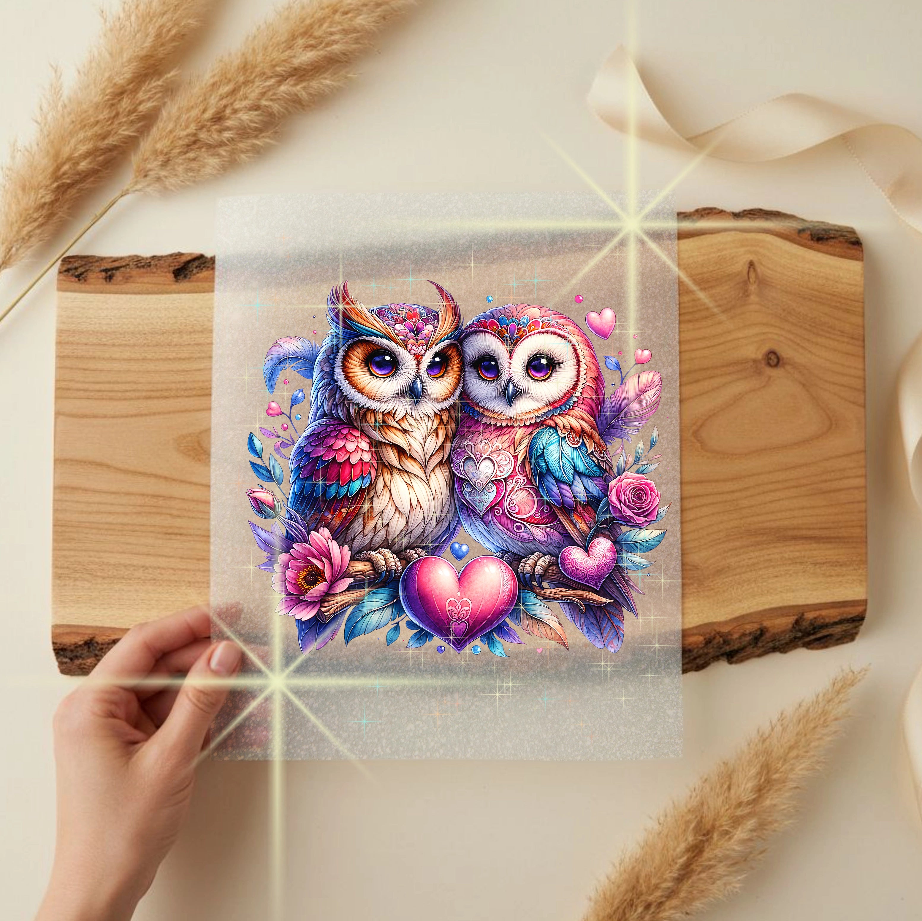 Glitzer Bügelbild Romantische Eulen