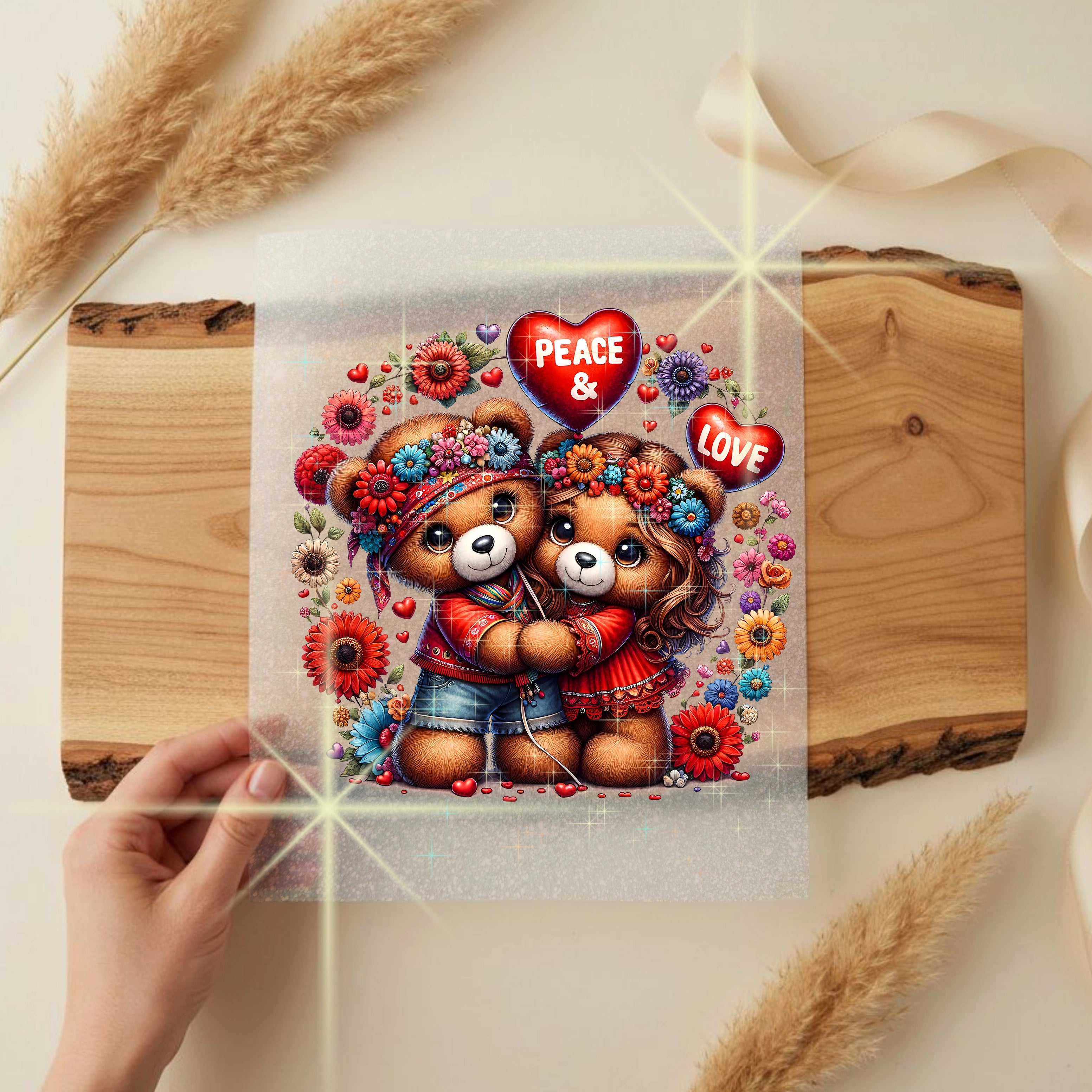 Glitzer Bügelbild Hippie Bärenliebe