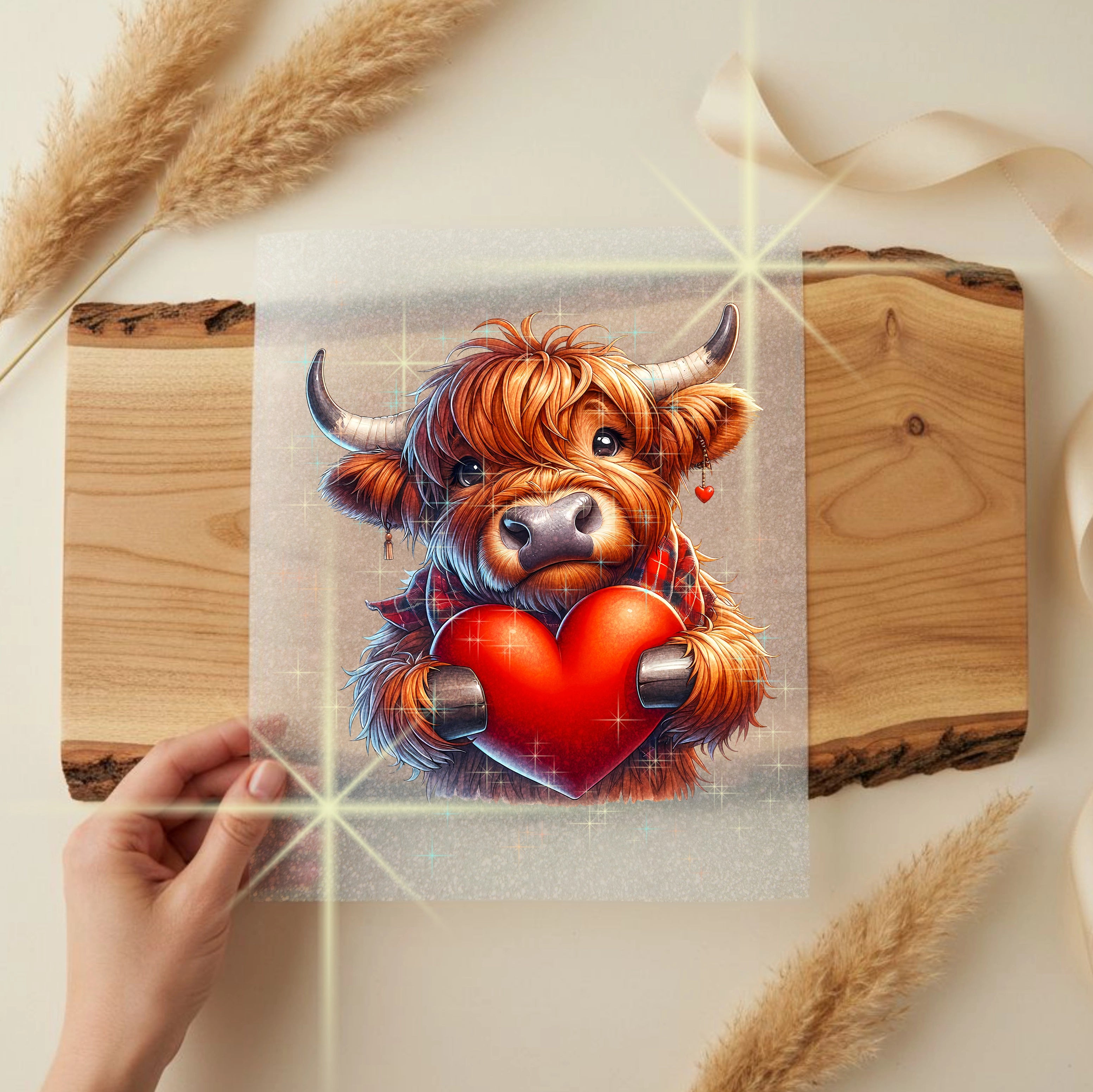 Glitzer Bügelbild Highland Kuh Herzliebe
