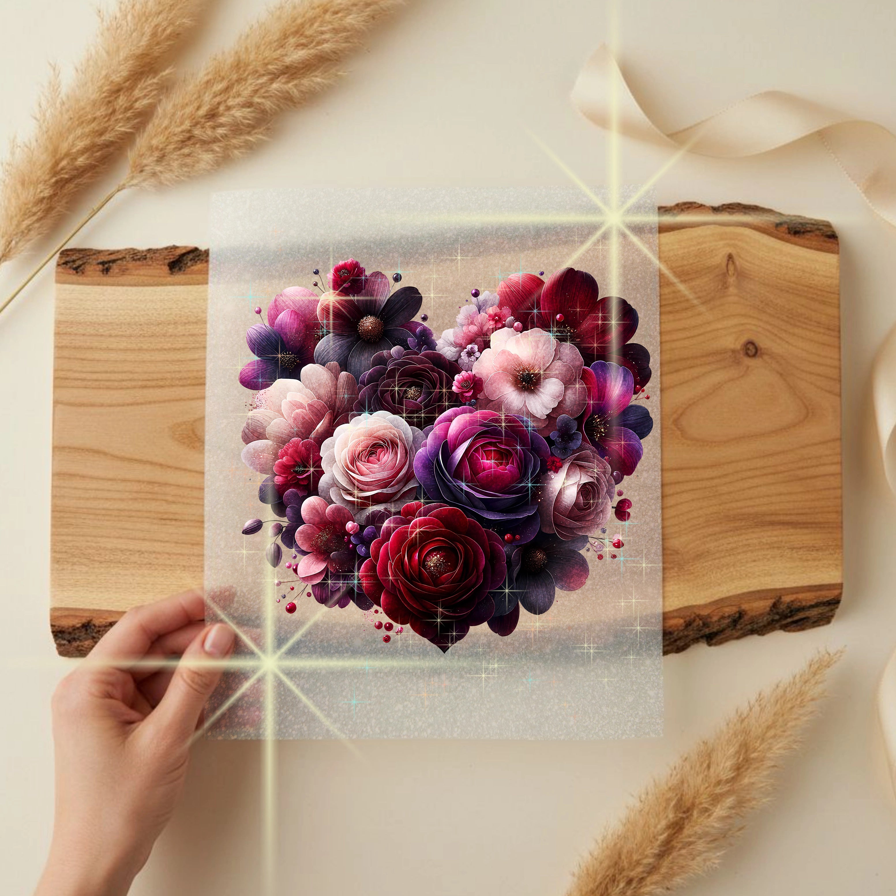 Glitzer Bügelbild Herz voller Blüten