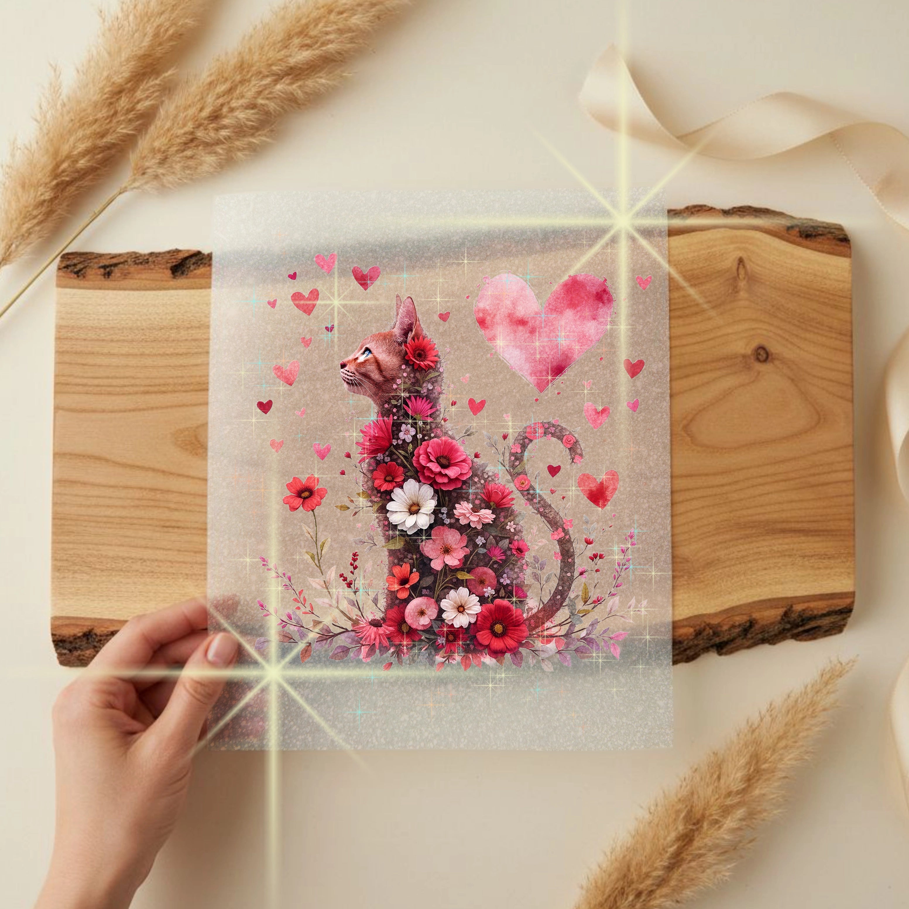 Glitzer Bügelbild Frühlingsliebe Katze