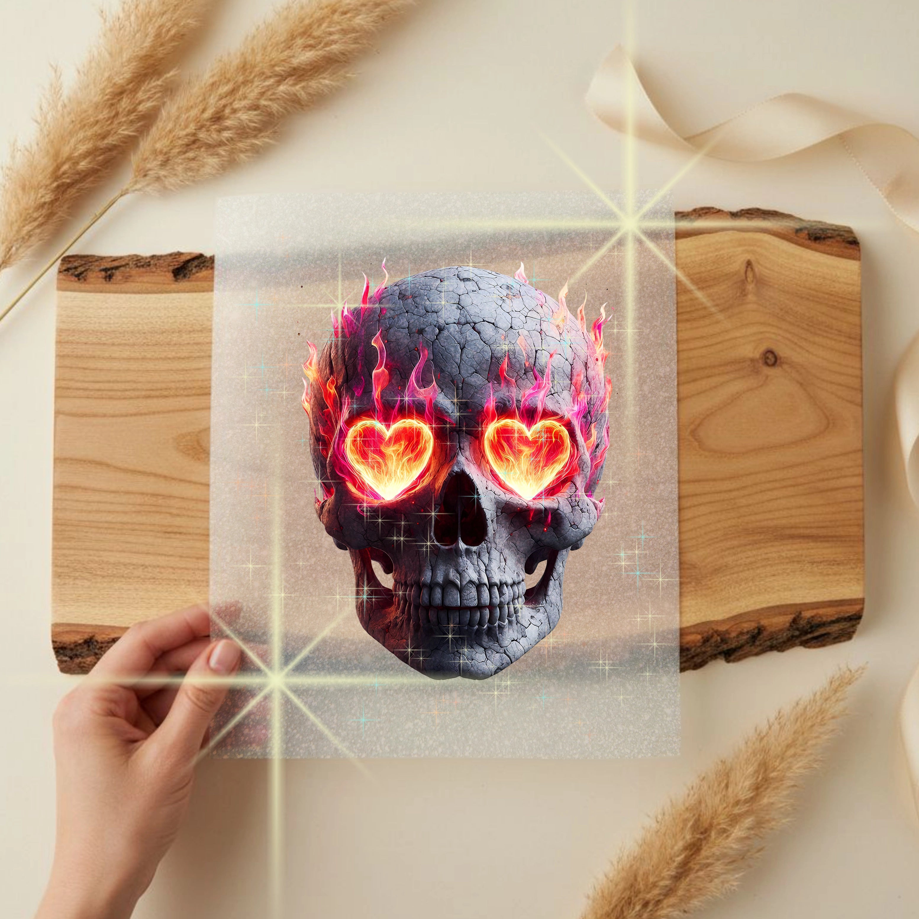 Glitzer Bügelbild feuriger Schädel der Liebe