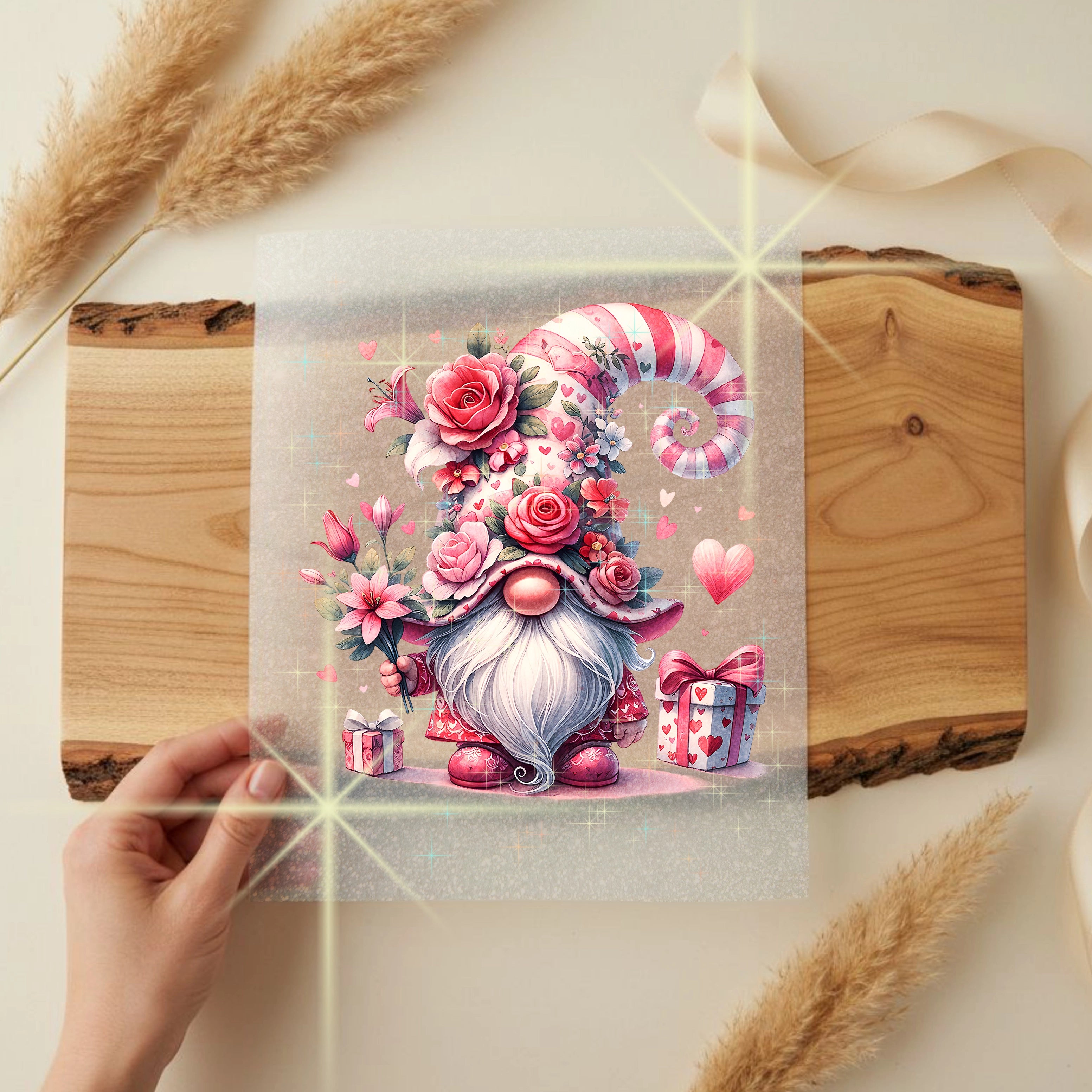 Glitzer Bügelbild Blumen Zwerg Amor