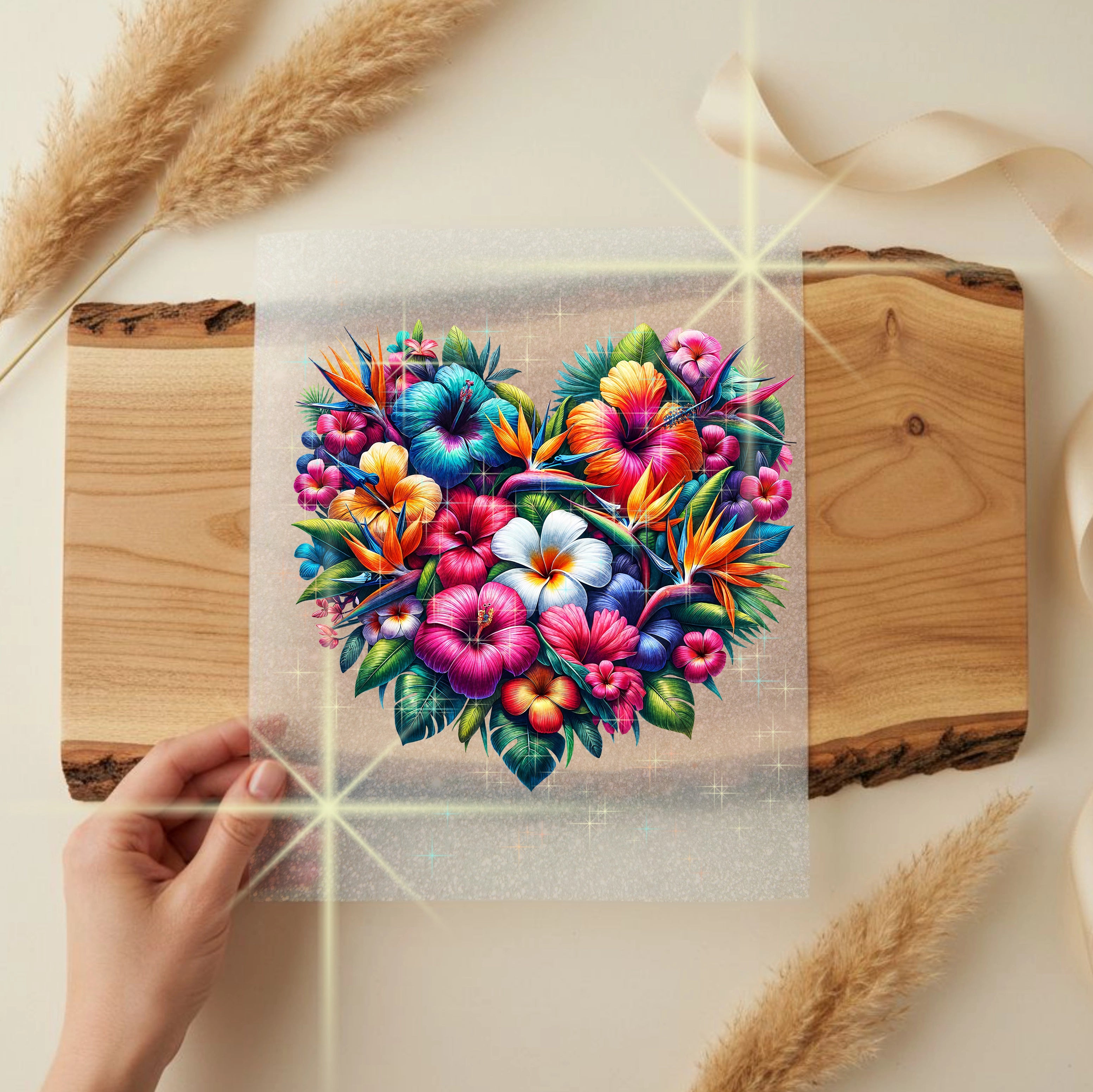 Glitzer Bügelbild Blumenherz Tropenliebe