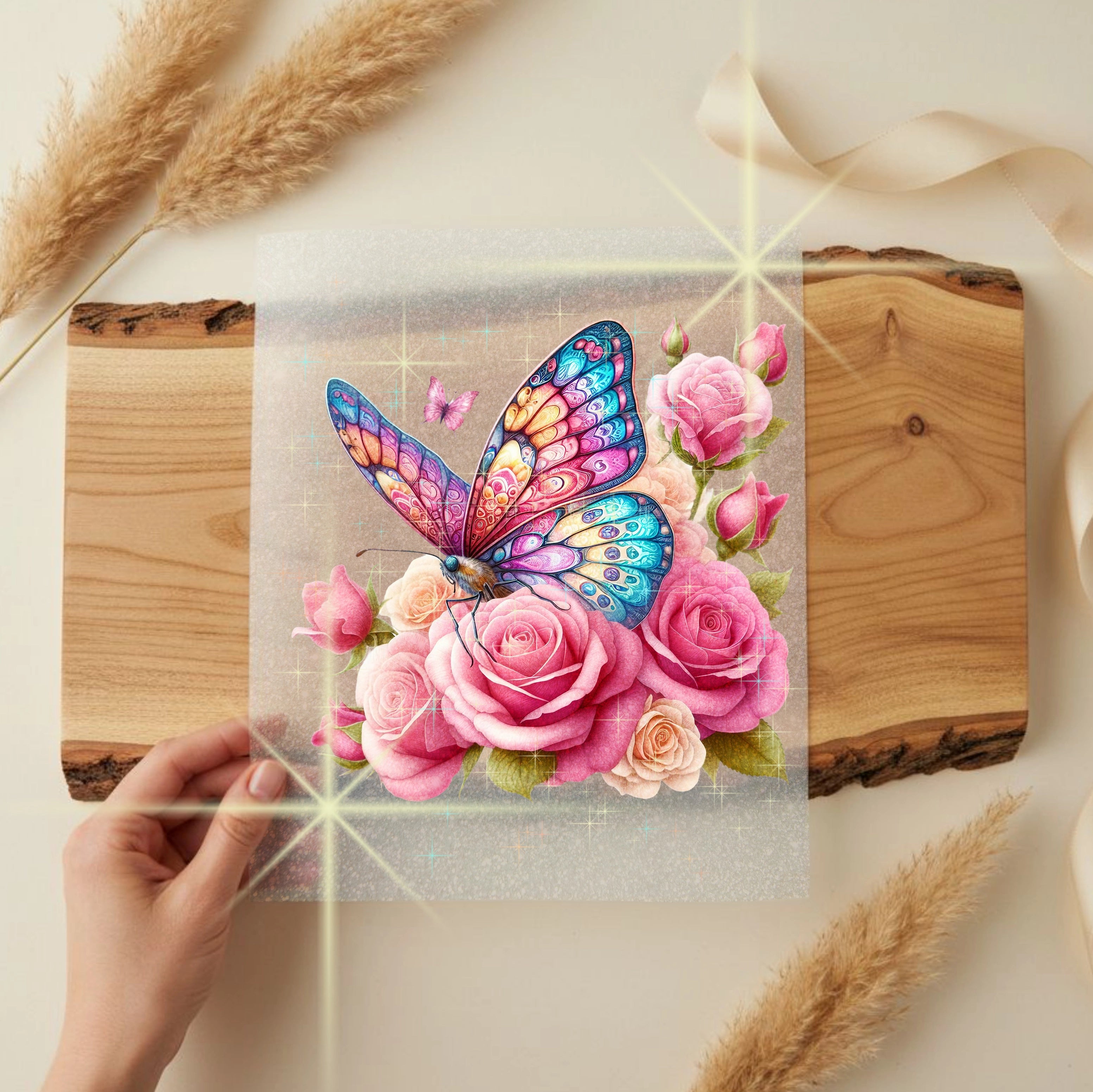 Glitzer Bügelbild Rosentanz Schmetterling