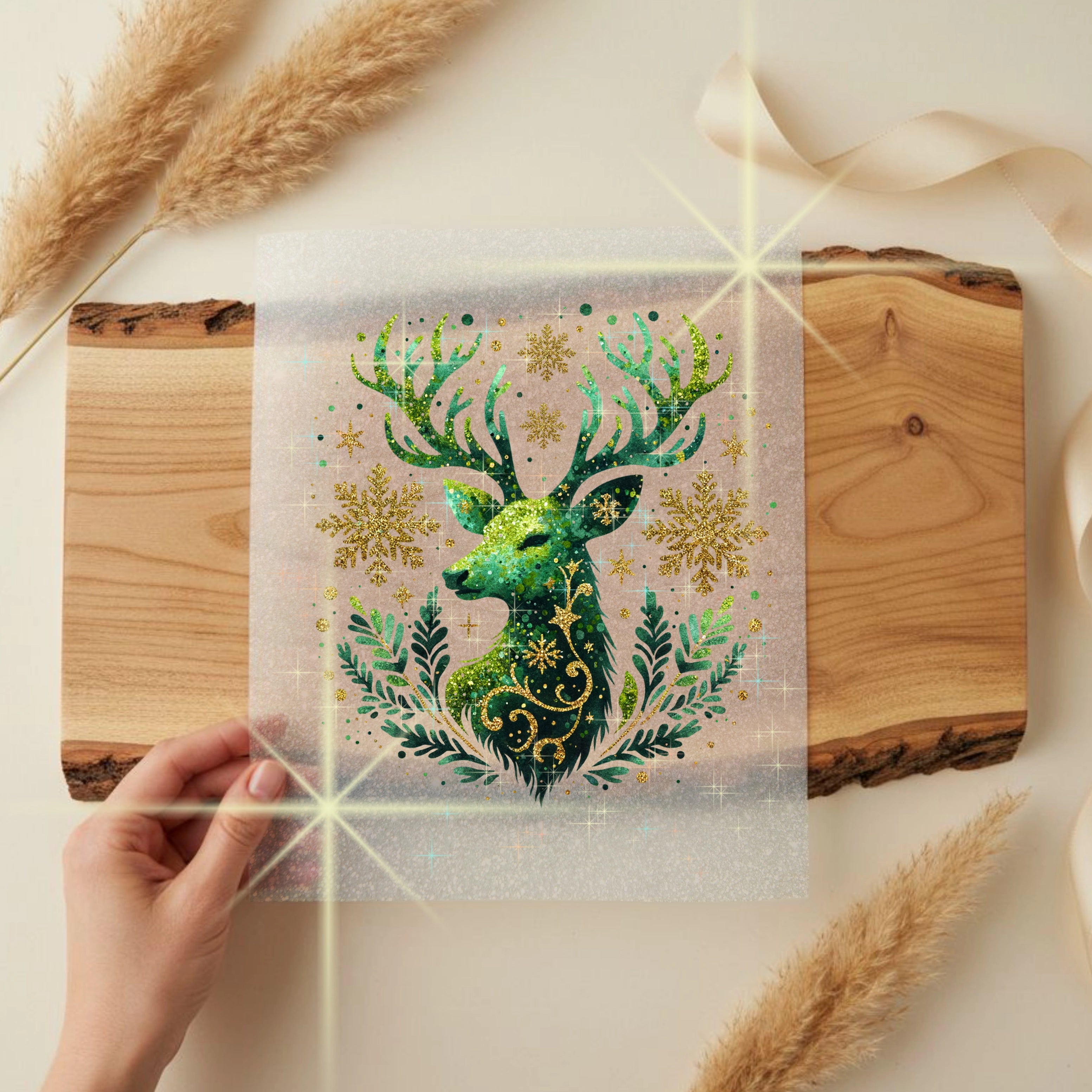 Glitzer Bügelbild Goldgrüner Waldzauber