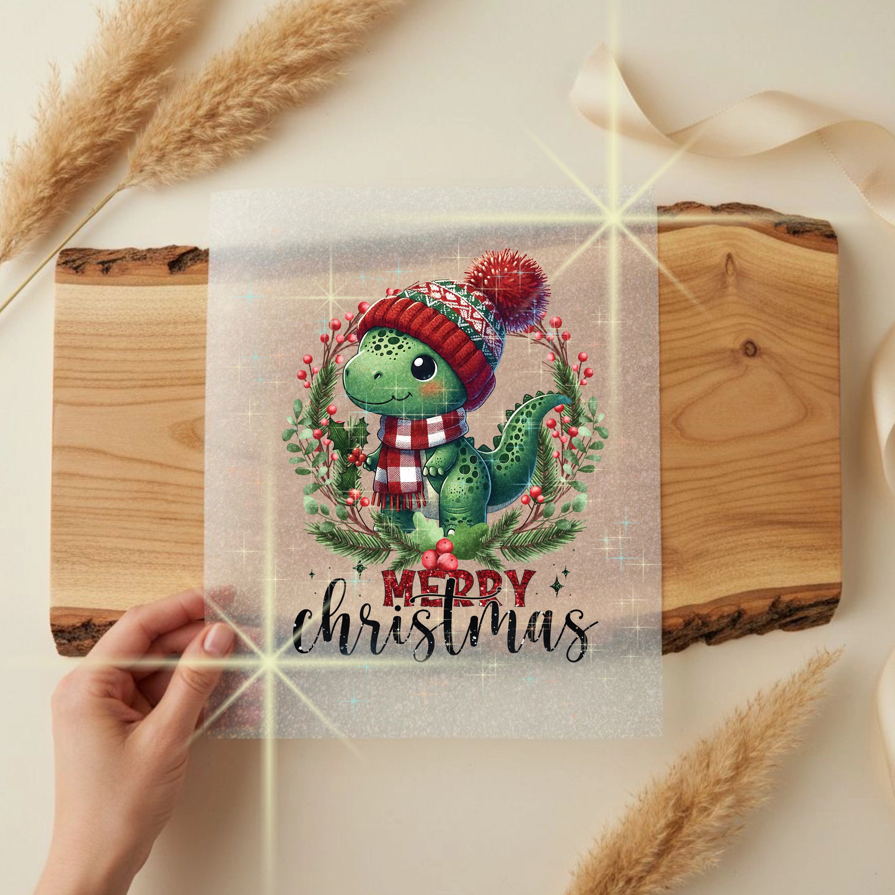 Glitzer Bügelbild Dino Merry Christmas