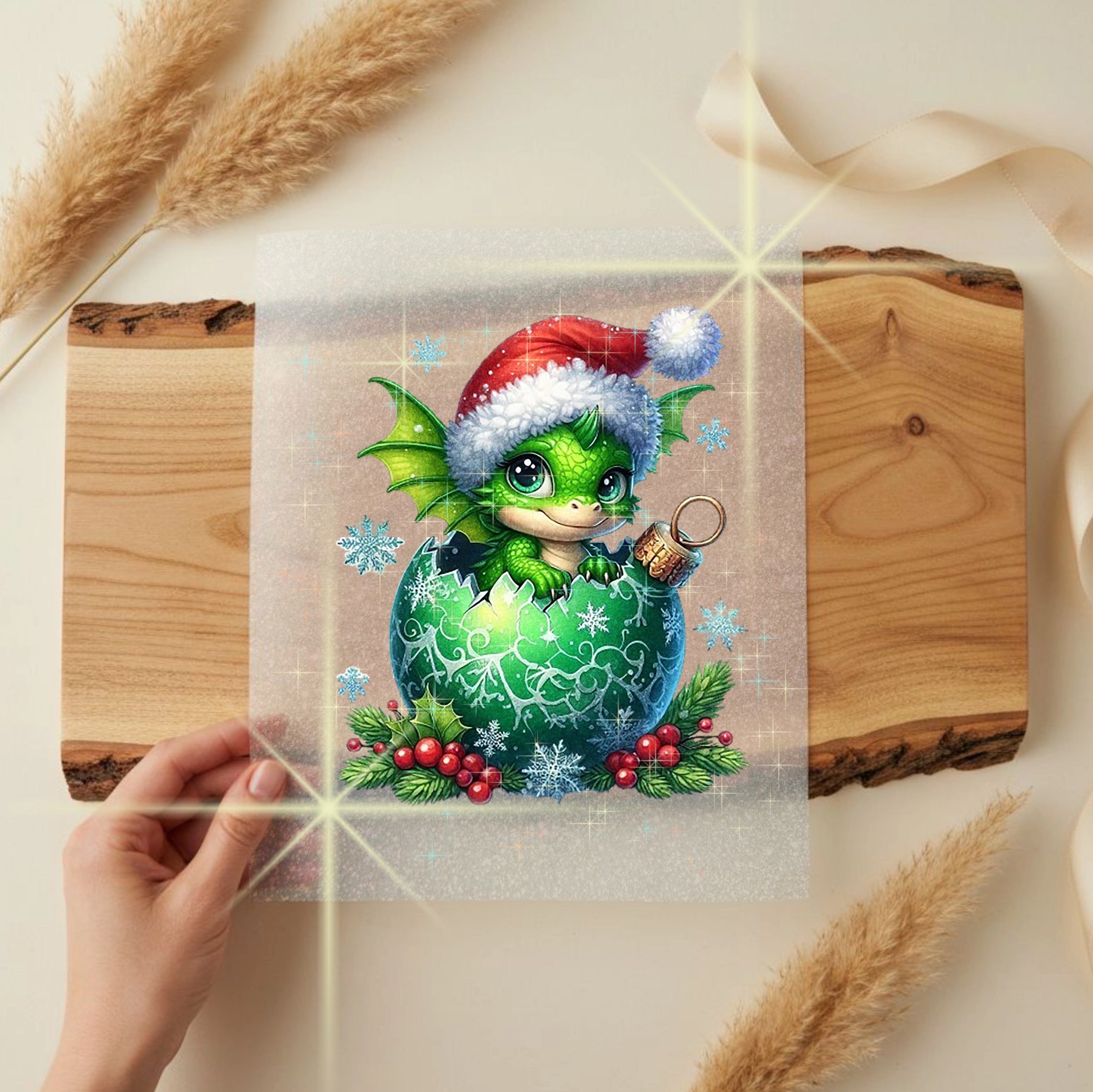 Glitzer Bügelbild Drache Grünes Weihnachtsglück