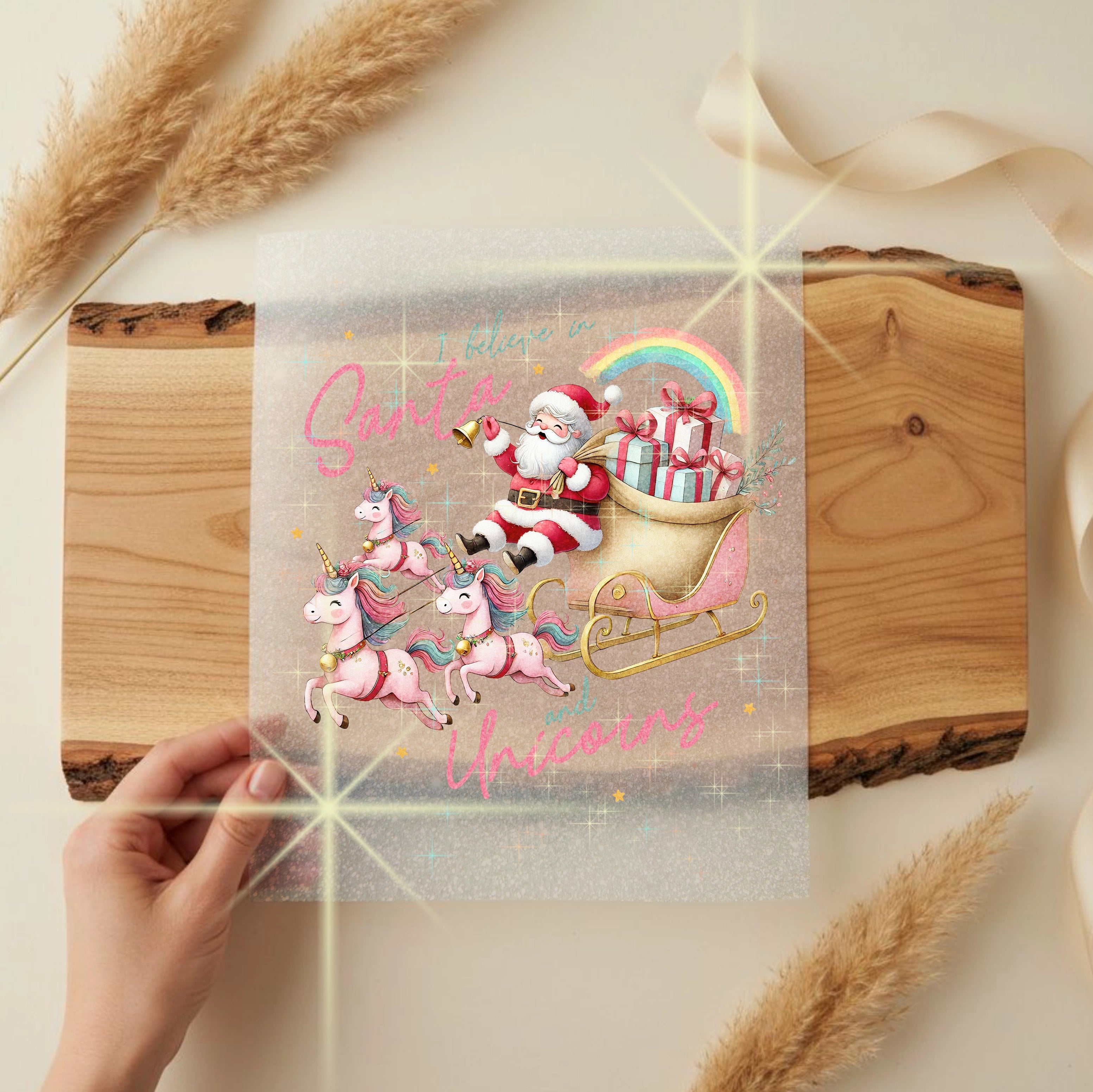 Glitzer Bügelbild i belive in Santa and Unicorns