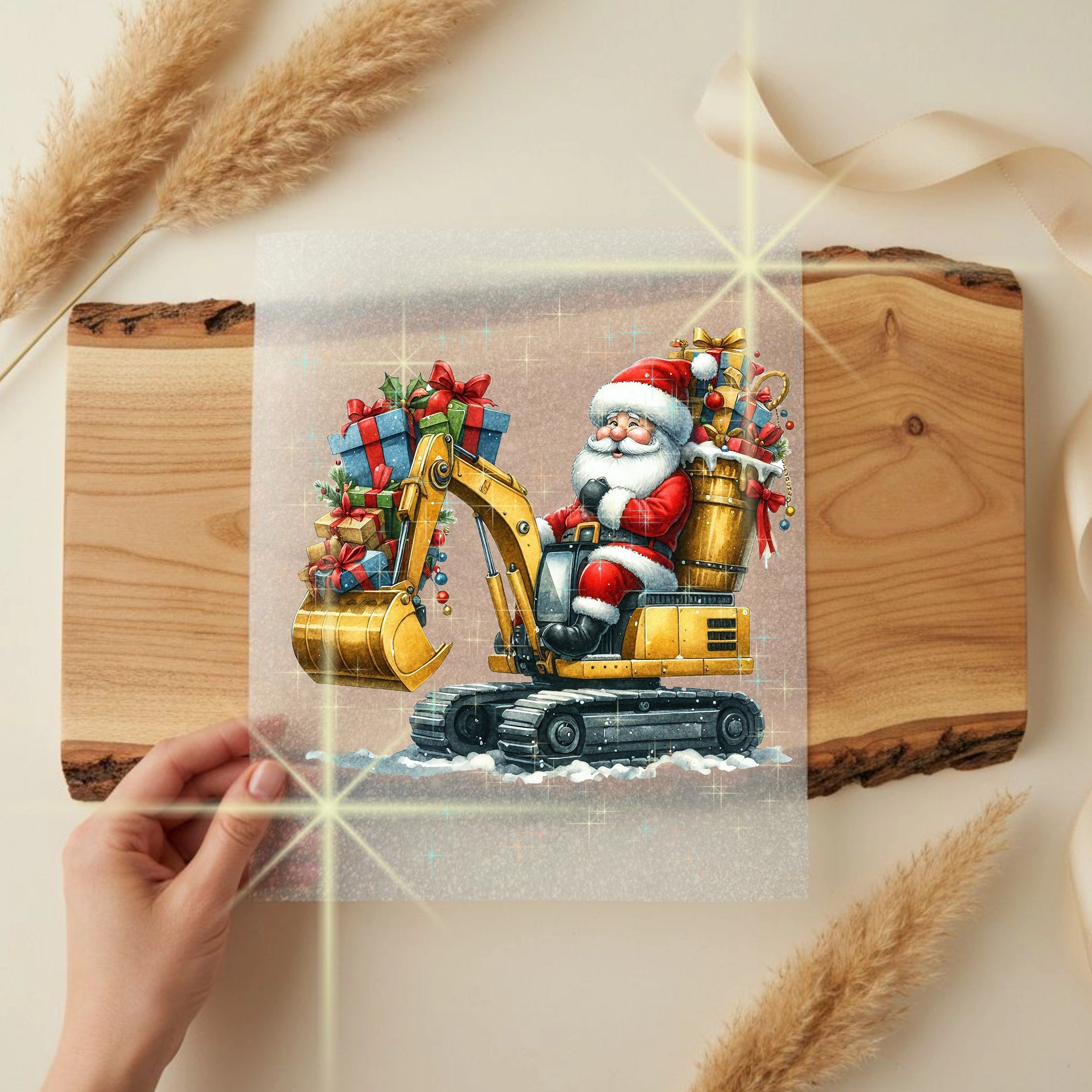 Glitzer Bügelbild Santa im Weihnachts Bagger