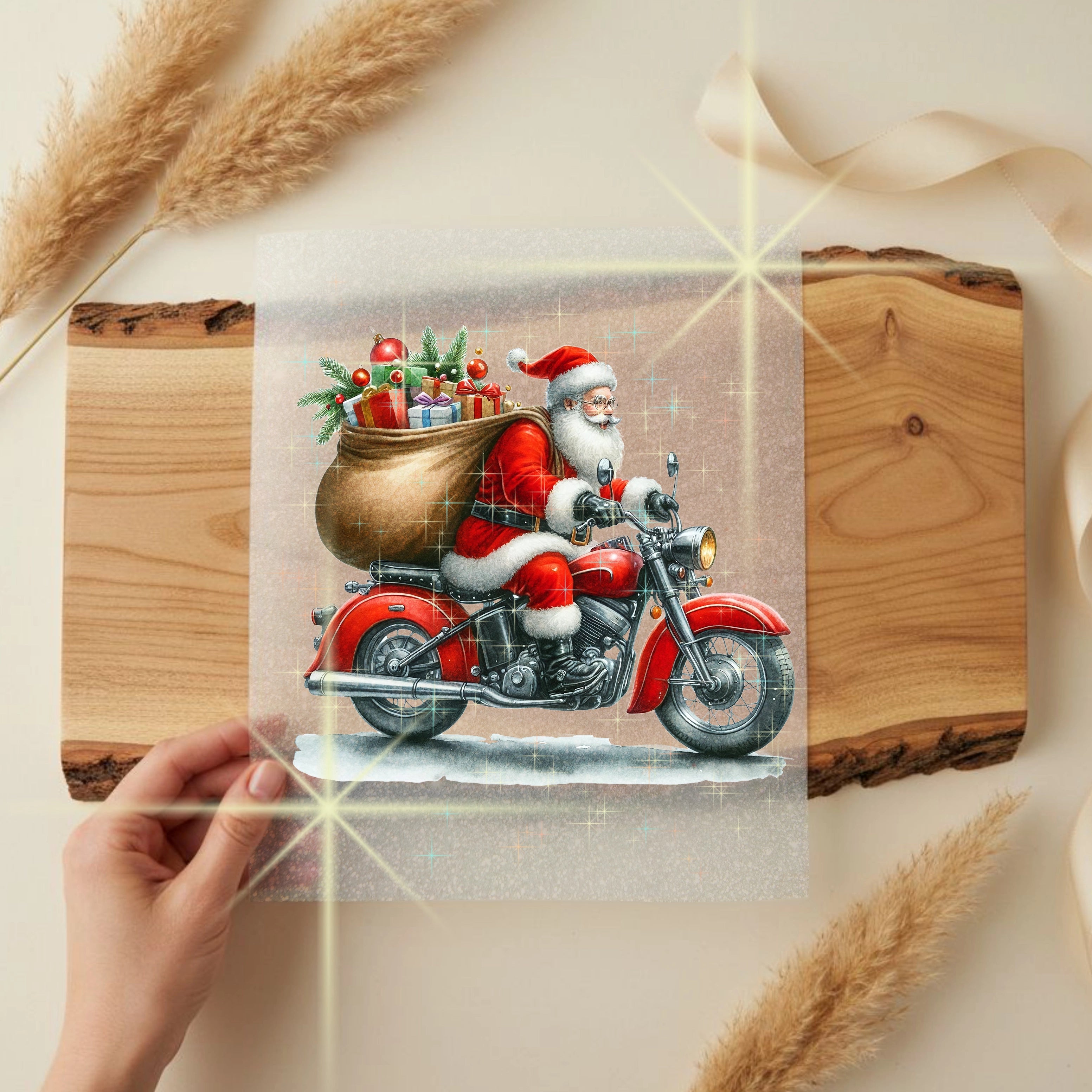 Glitzer Bügelbild Weihnachtsmann Motorrad Fahrt