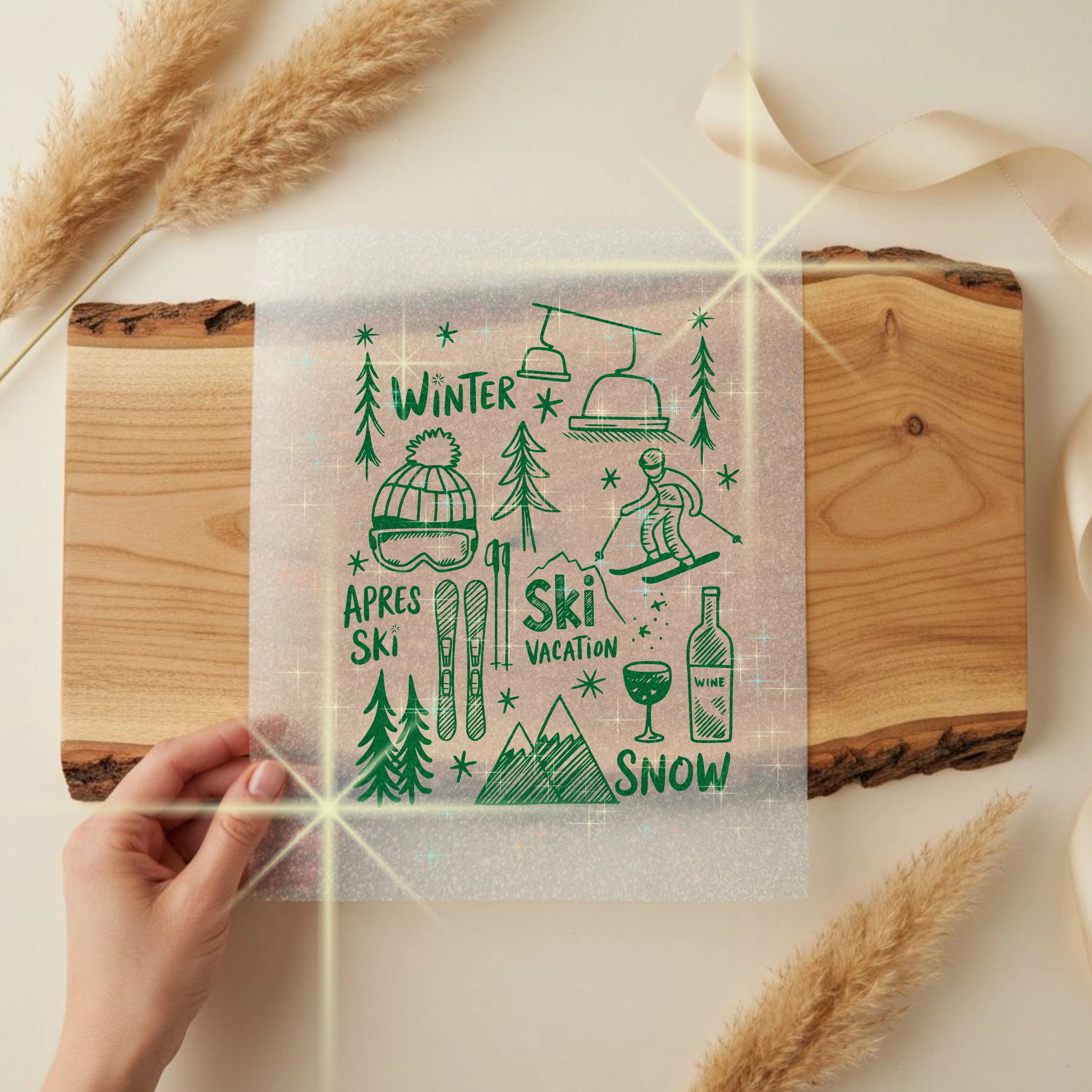 Glitzer Bügelbild Ski Winter Zeichnung