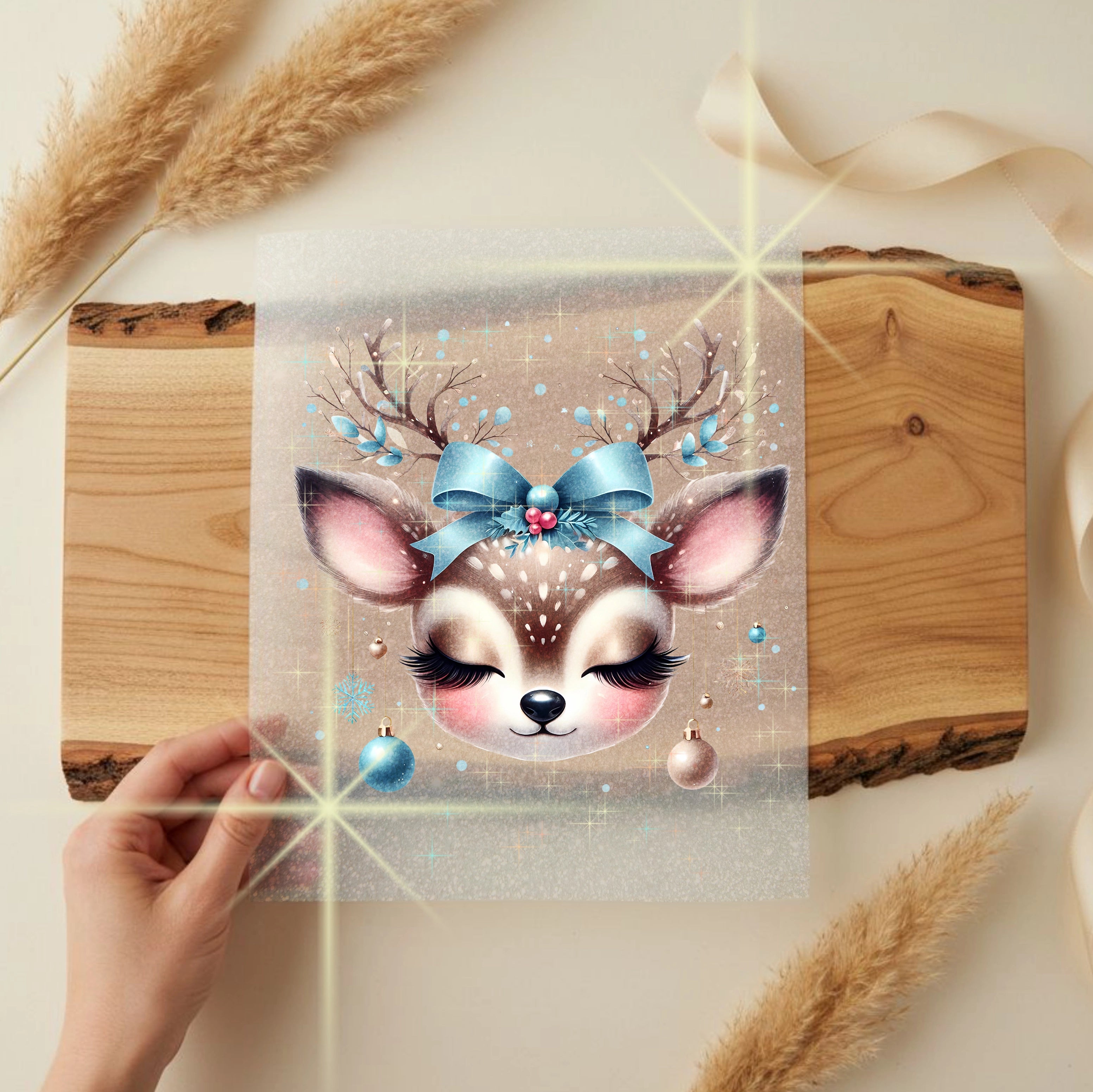 Glitzer Bügelbild Weihnachts Reh Blauer Winterzauber
