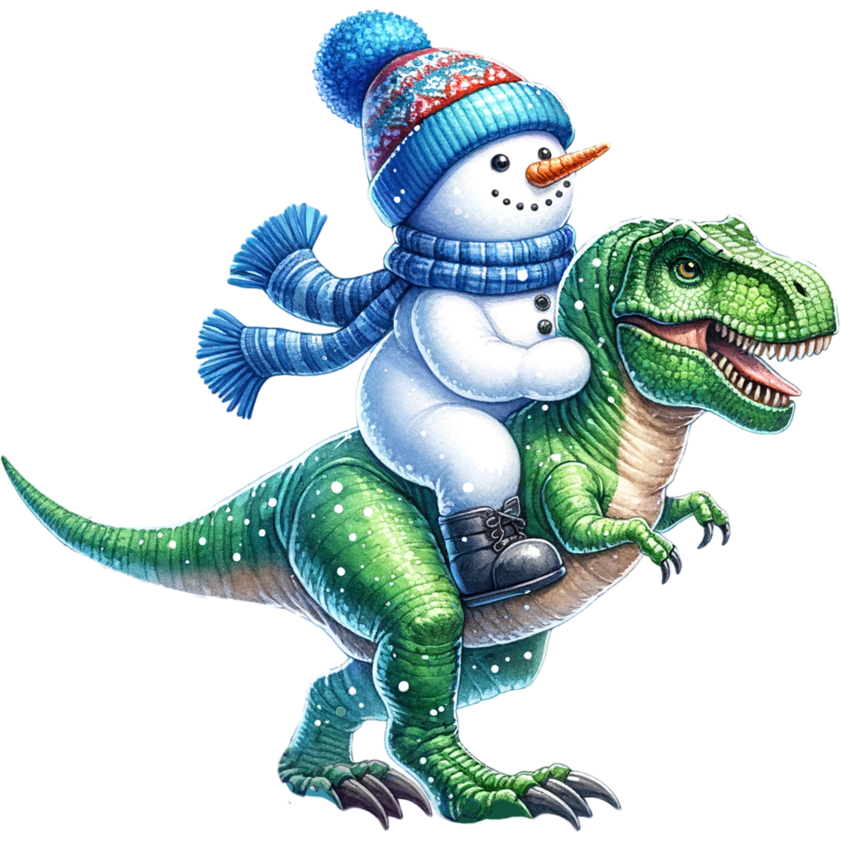 Glitzer Bügelbild Schneemannritt auf Dinosaurier