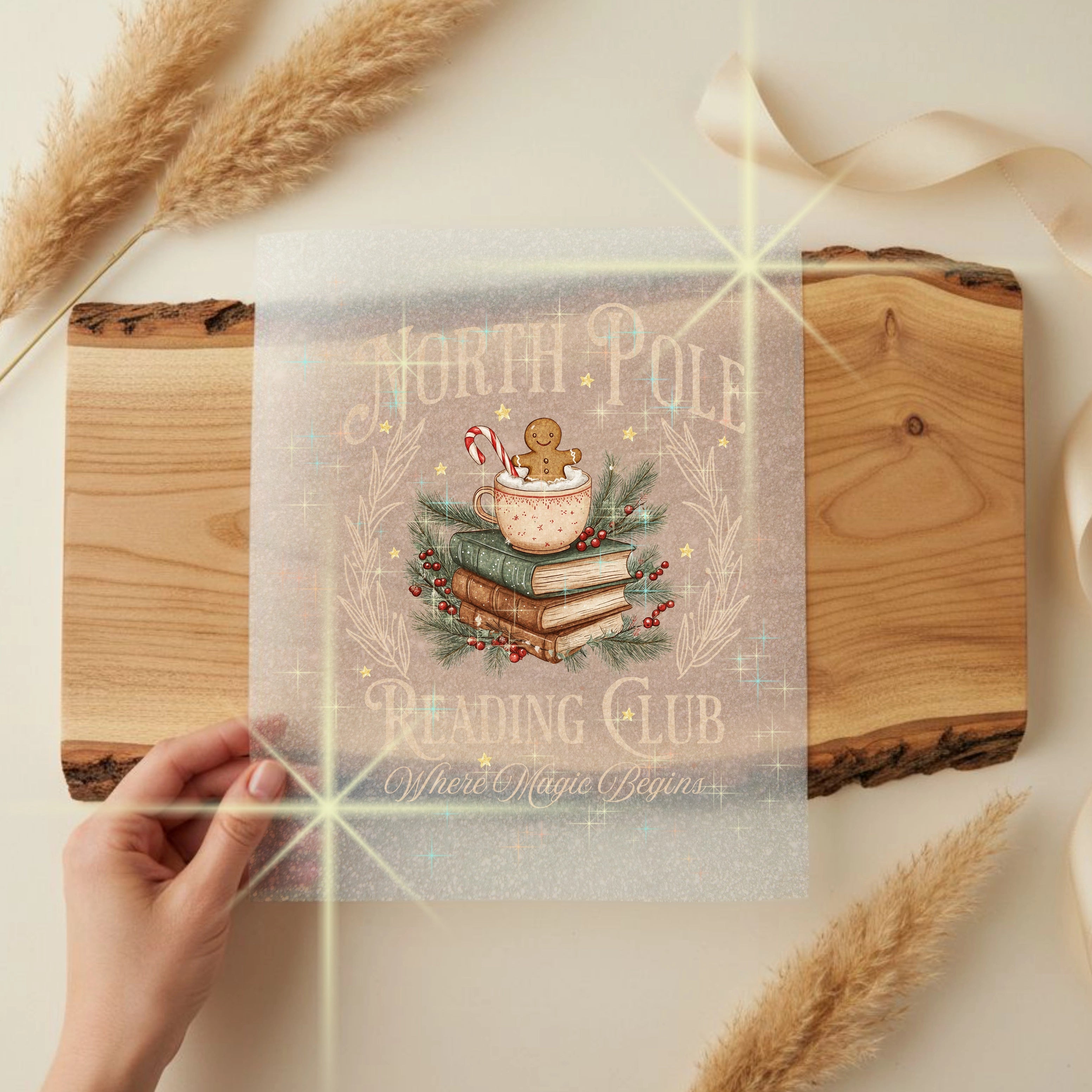 Glitzer Bügelbild North Pole Reading Club beige