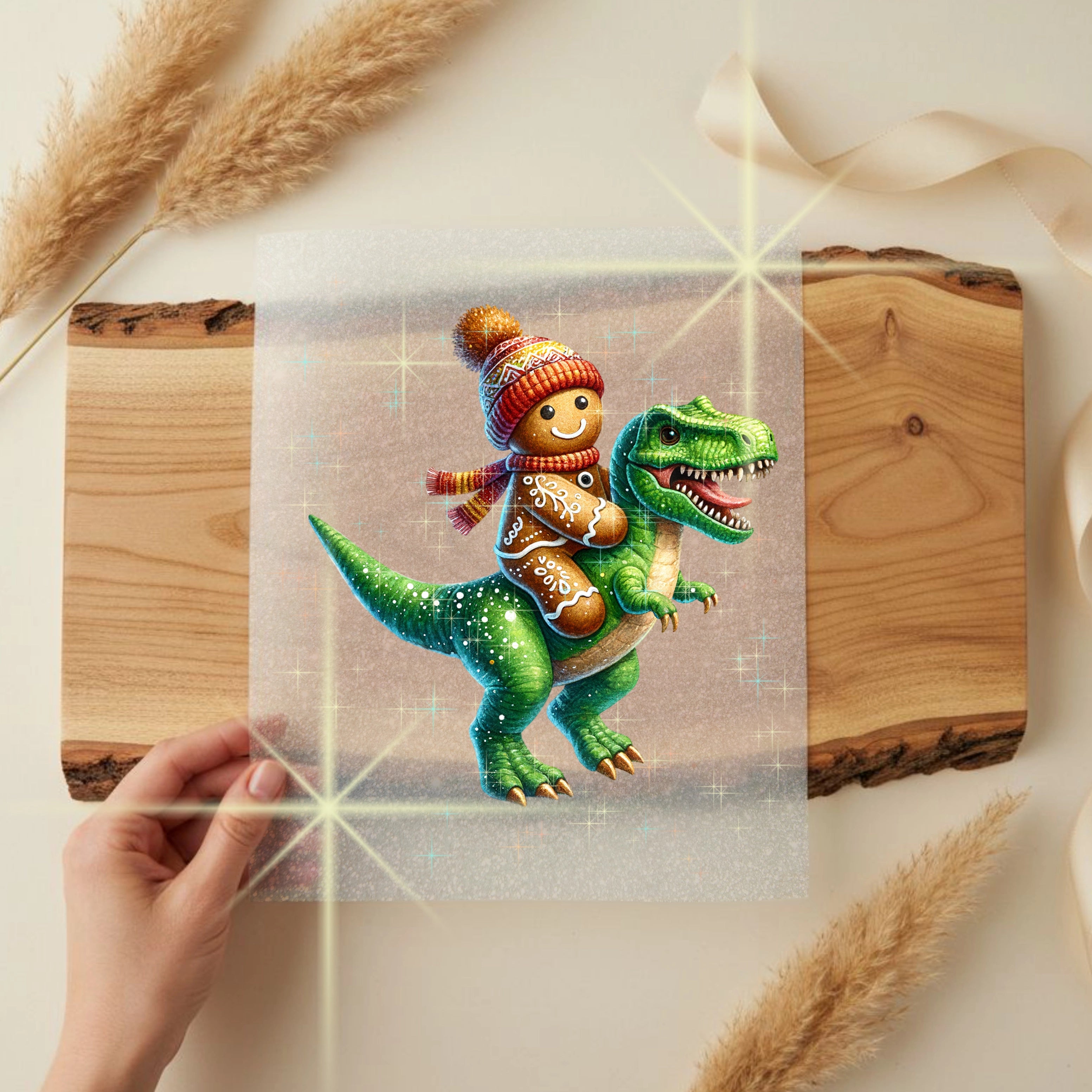 Glitzer Bügelbild Lebkuchenritt auf Dinosaurier