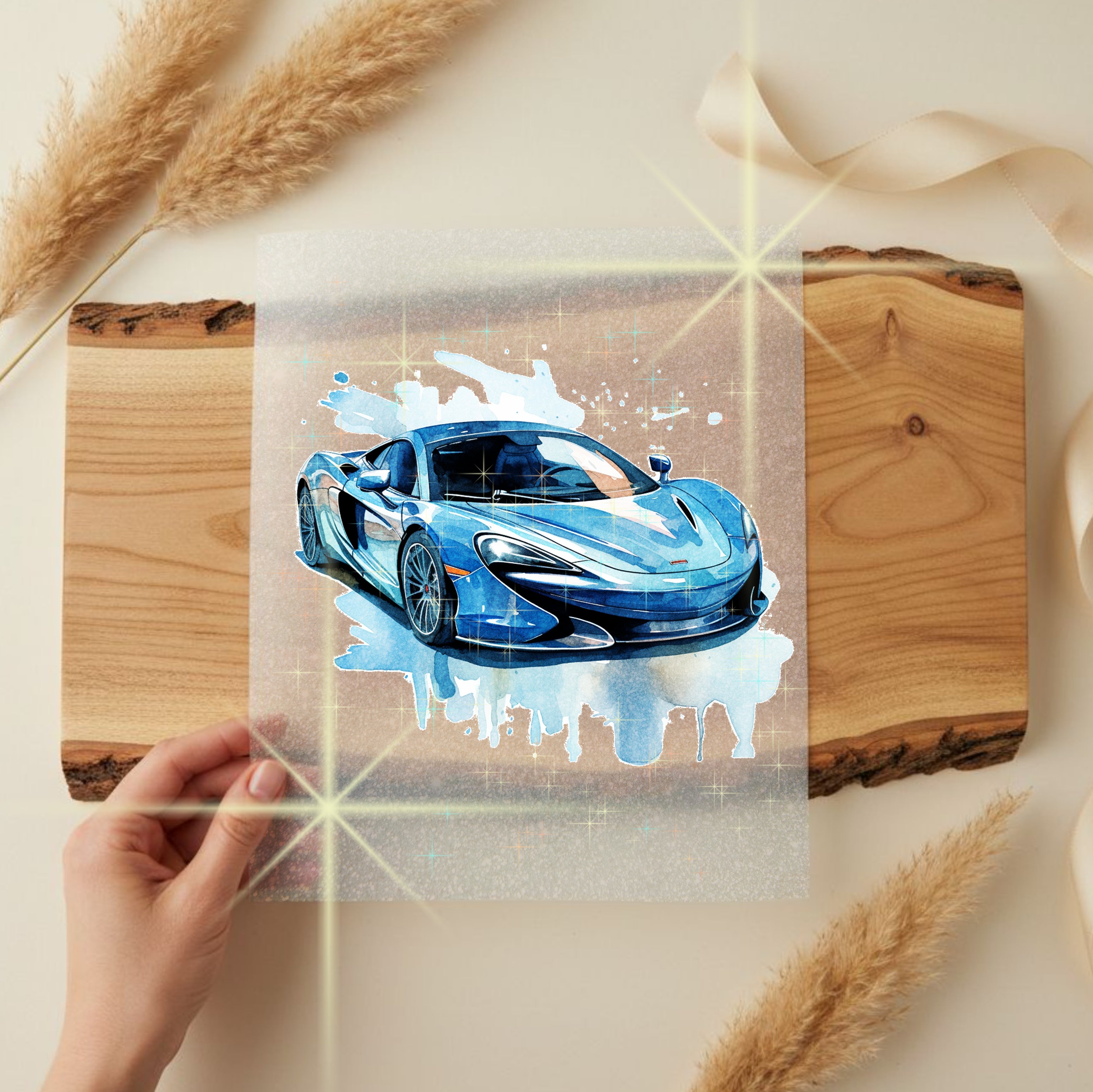 Glitzer Bügelbild Rennauto Blau