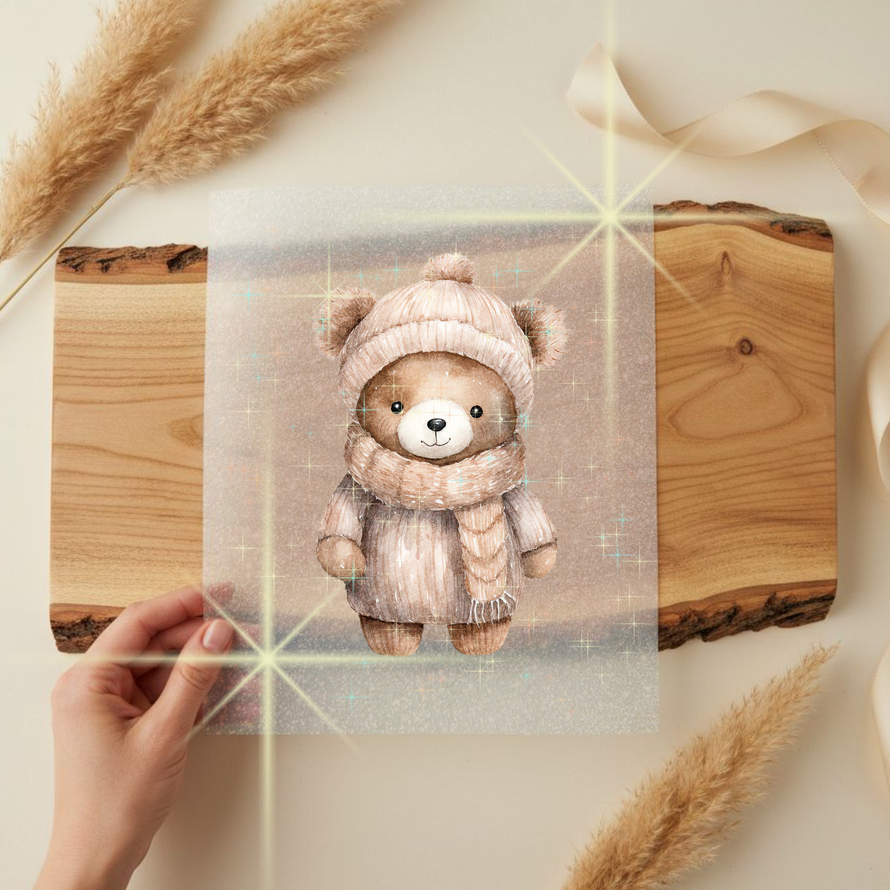 Glitzer Bügelbild Winter Bärchen Beige