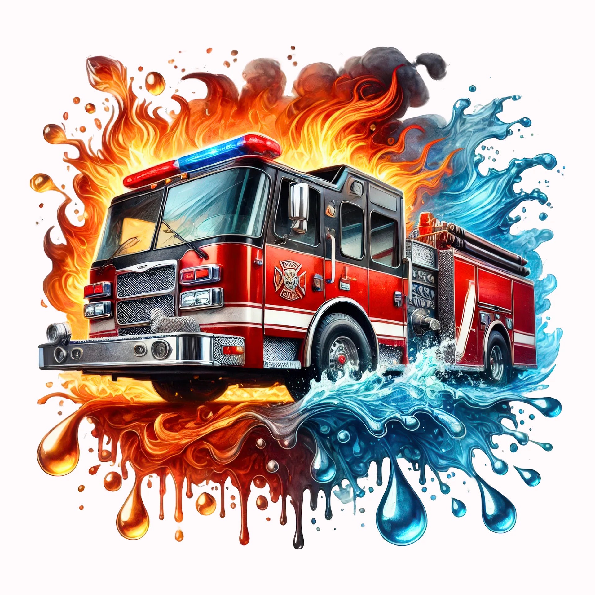 Permanent Sticker Feuerwehrwagen mit Flammen und Wasser