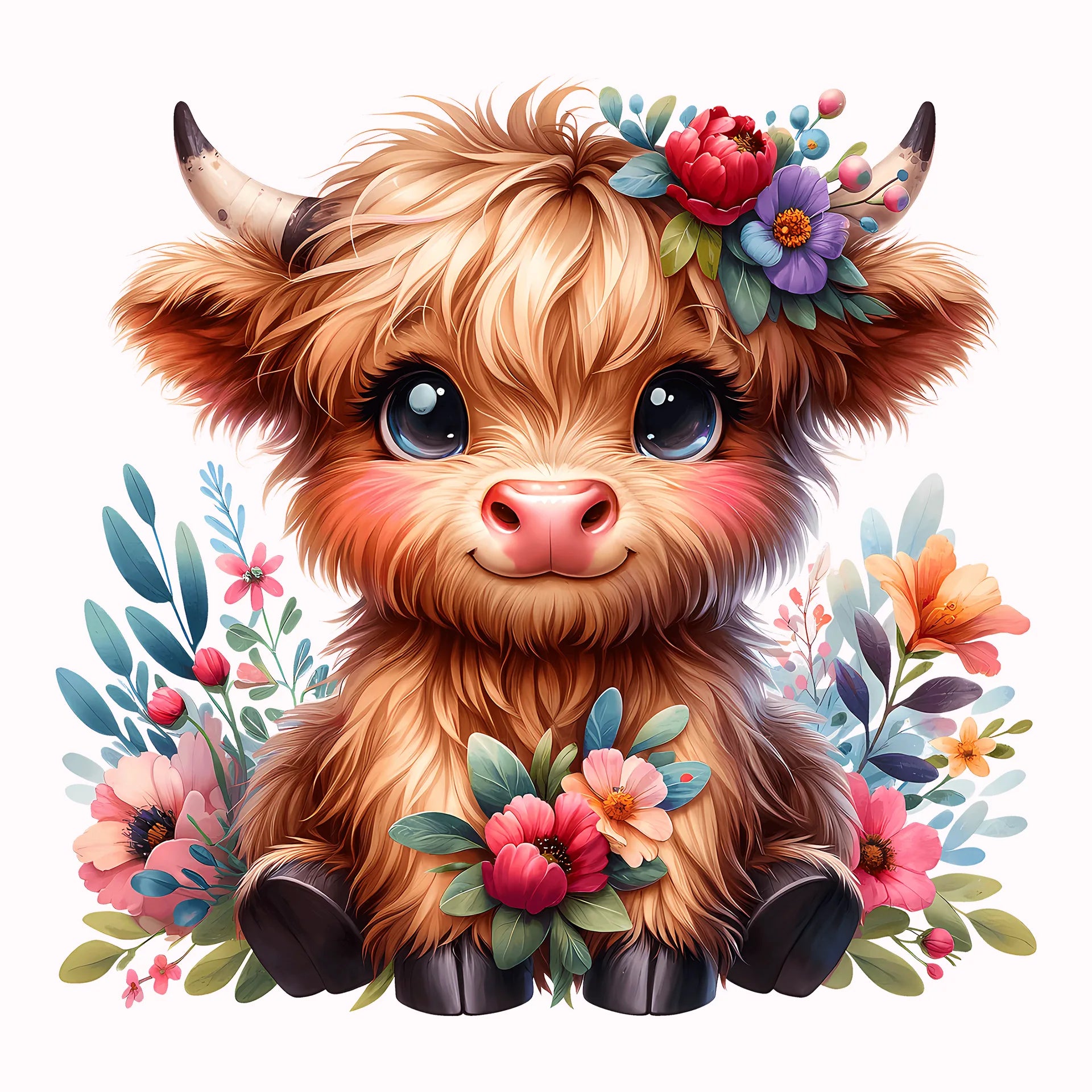 Permanent Sticker Highland Kuh Frida mit Frühlingsblumen