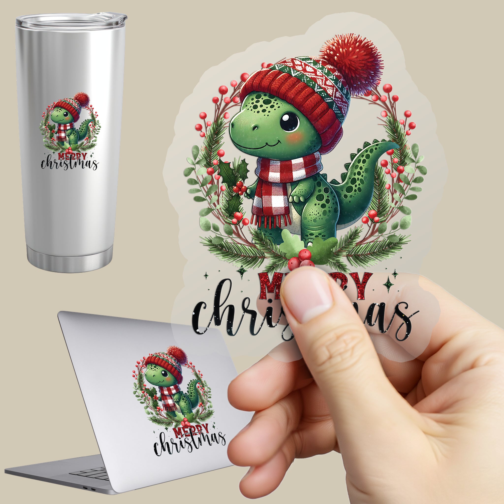 Permanent Sticker Dino Merry Christmas