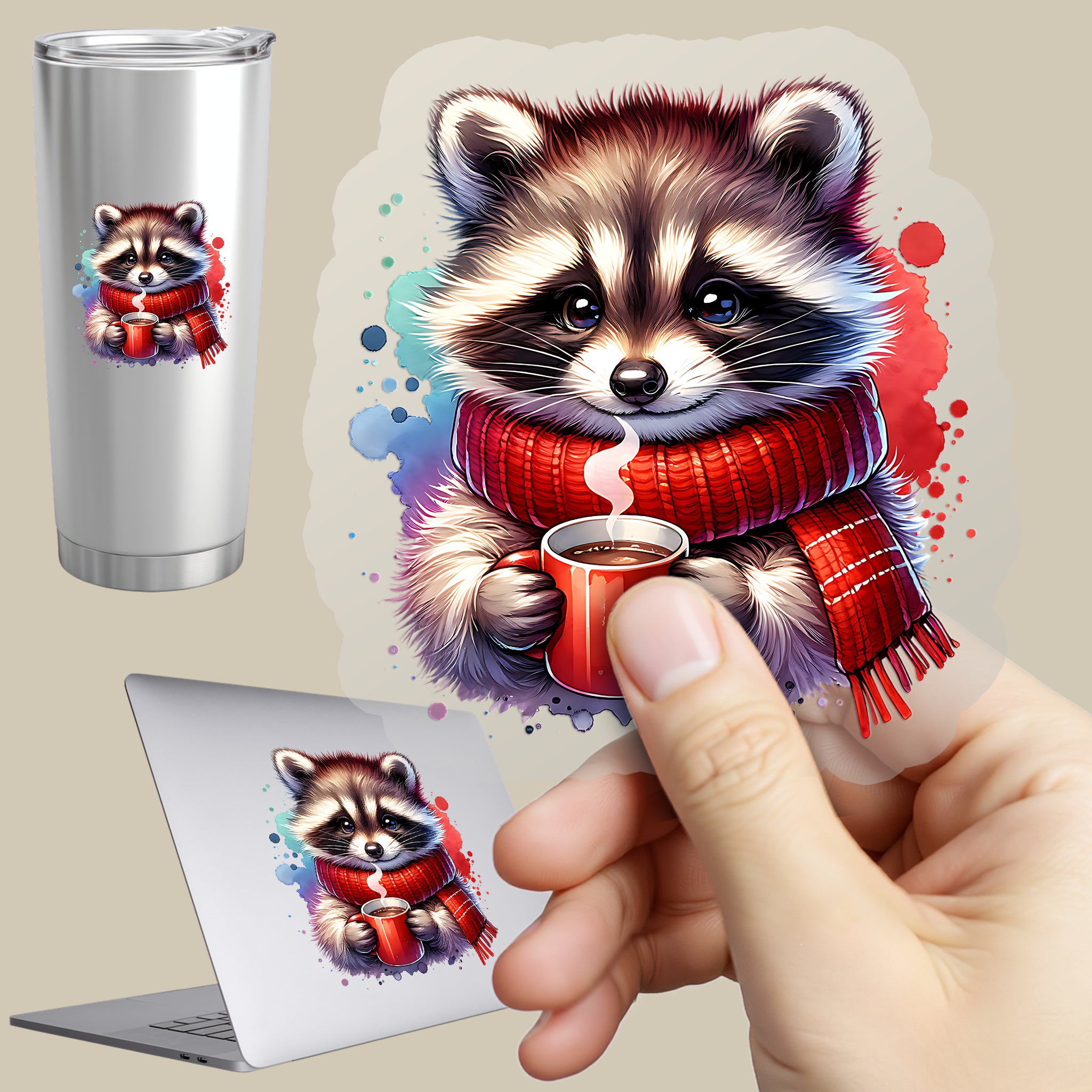 Permanent Sticker Waschbär Kakao Winterkuschel