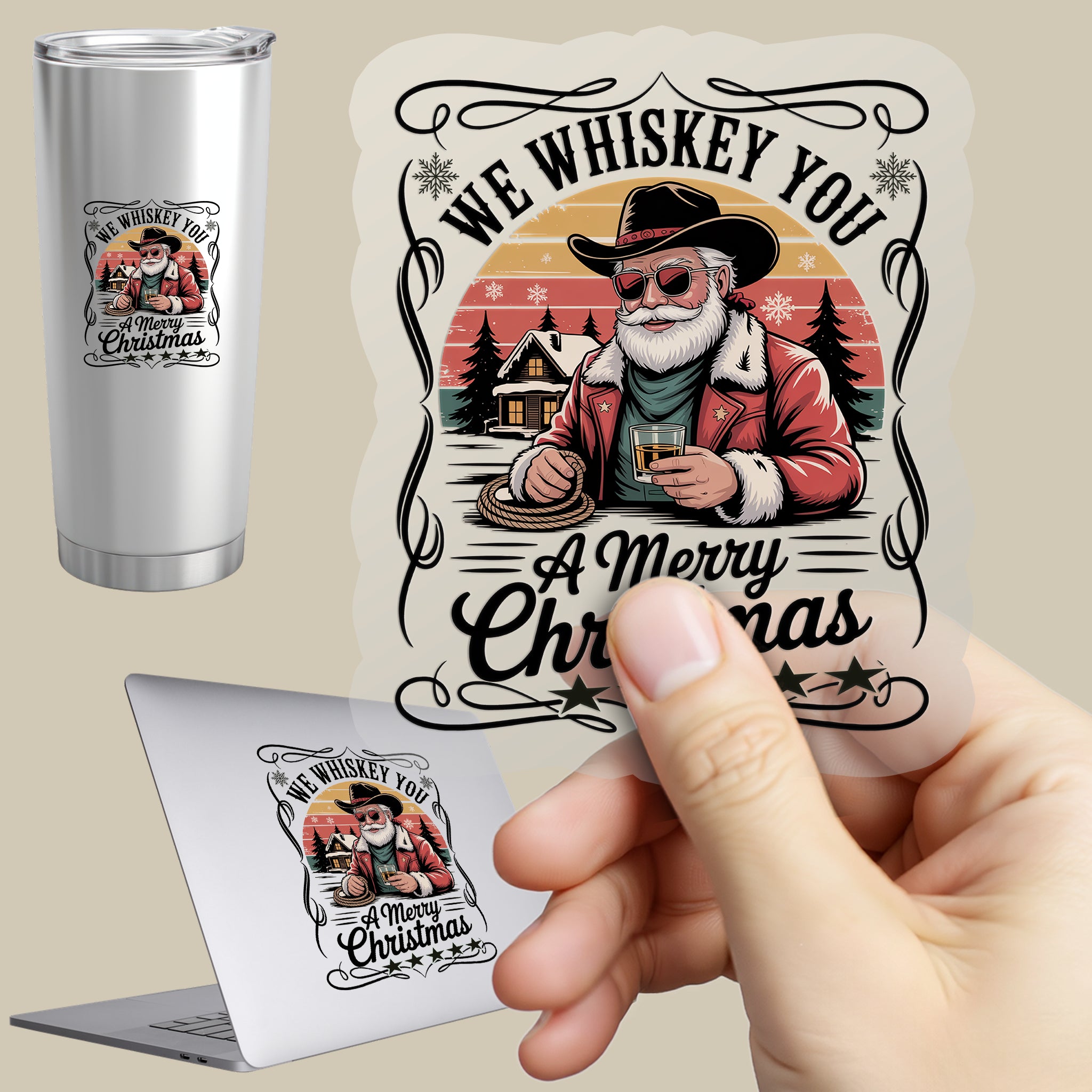 Permanent Sticker Santa Western Christmas