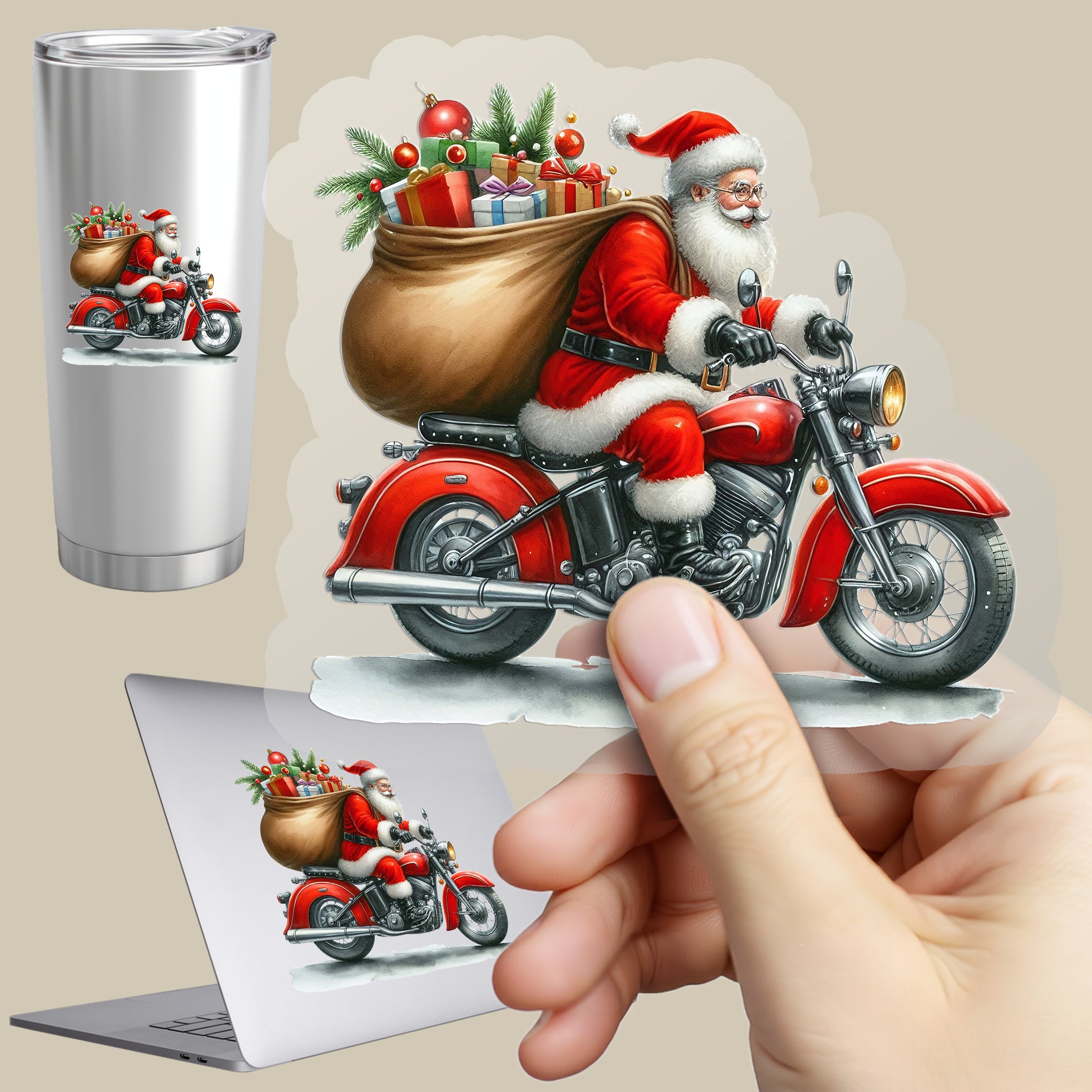 Permanent Sticker Weihnachtsmann Motorrad Fahrt