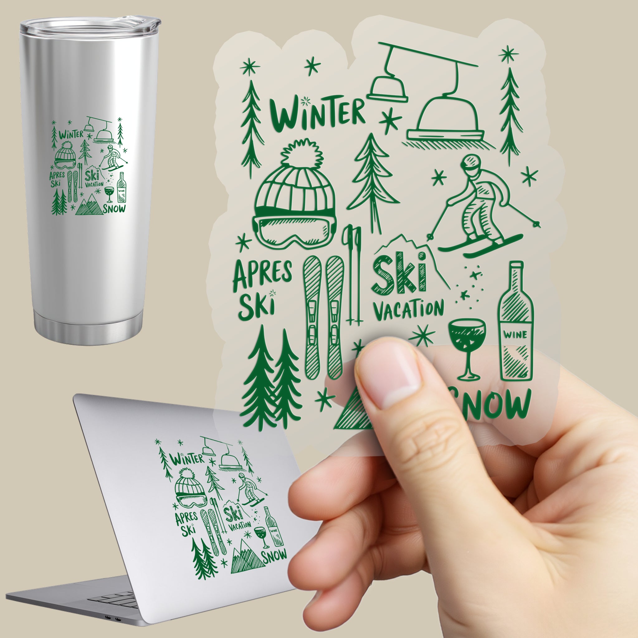 Permanent Sticker Ski Winter Zeichnung